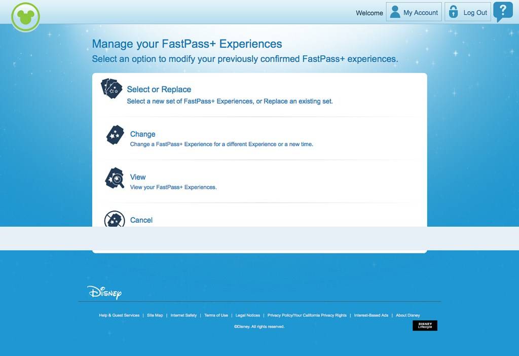 FASTPASS+ manage your experiences screen