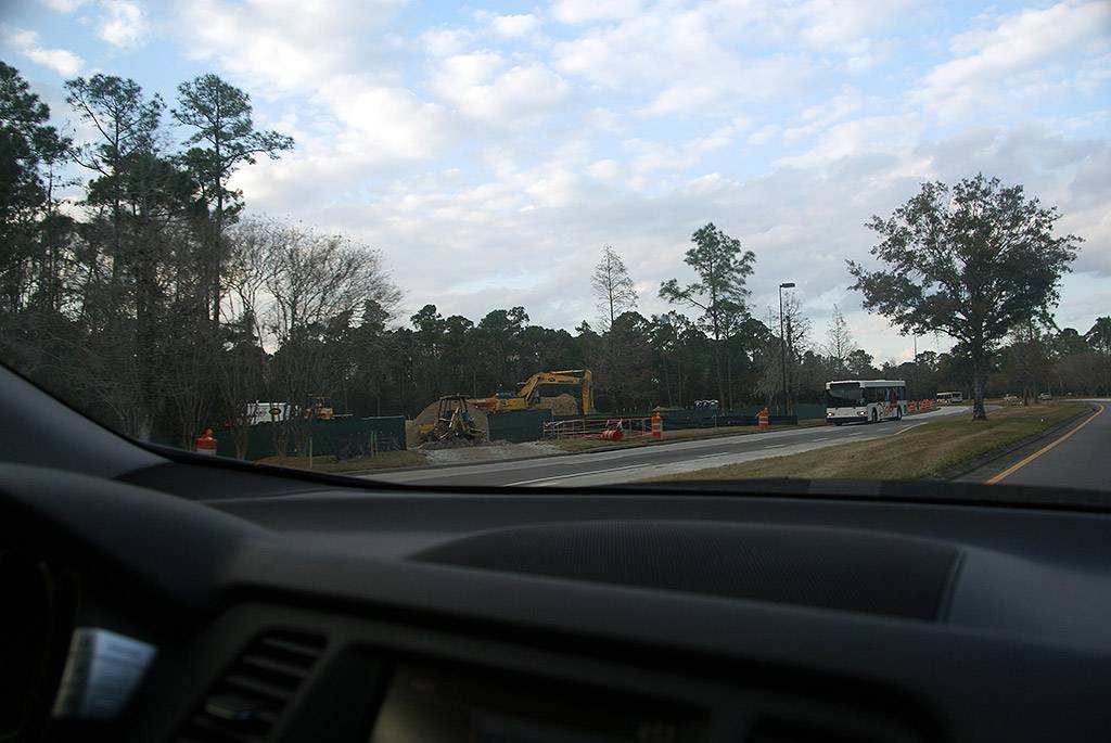 The construction site is ahead on the left, the turn for Port Orleans Riverside is immediately to the right of the vehicle