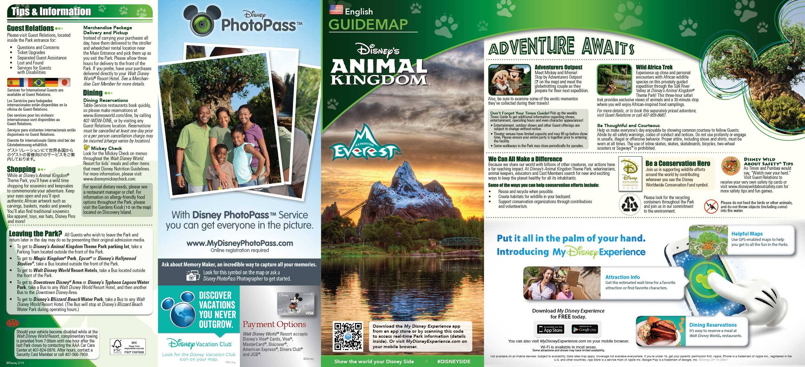 2014 Disney's Animal Kingdom guide map with FastPass+ details