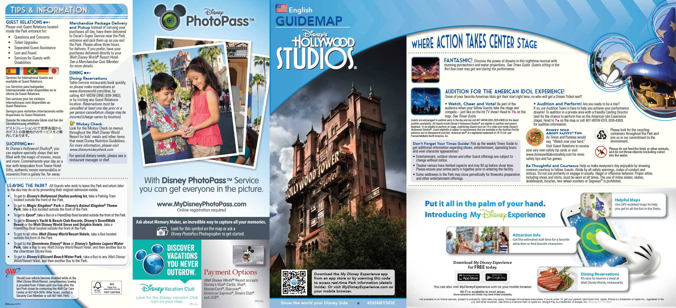 2014 Disney's Hollywood Studios guide map with FastPass+ details