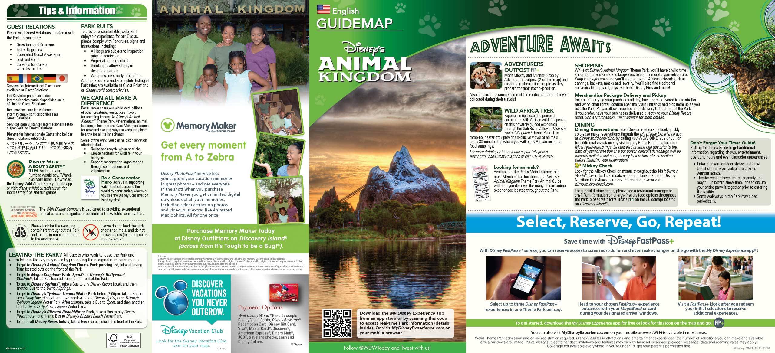 Disney's Animal Kingdom Guide Map January 2016 - Front
