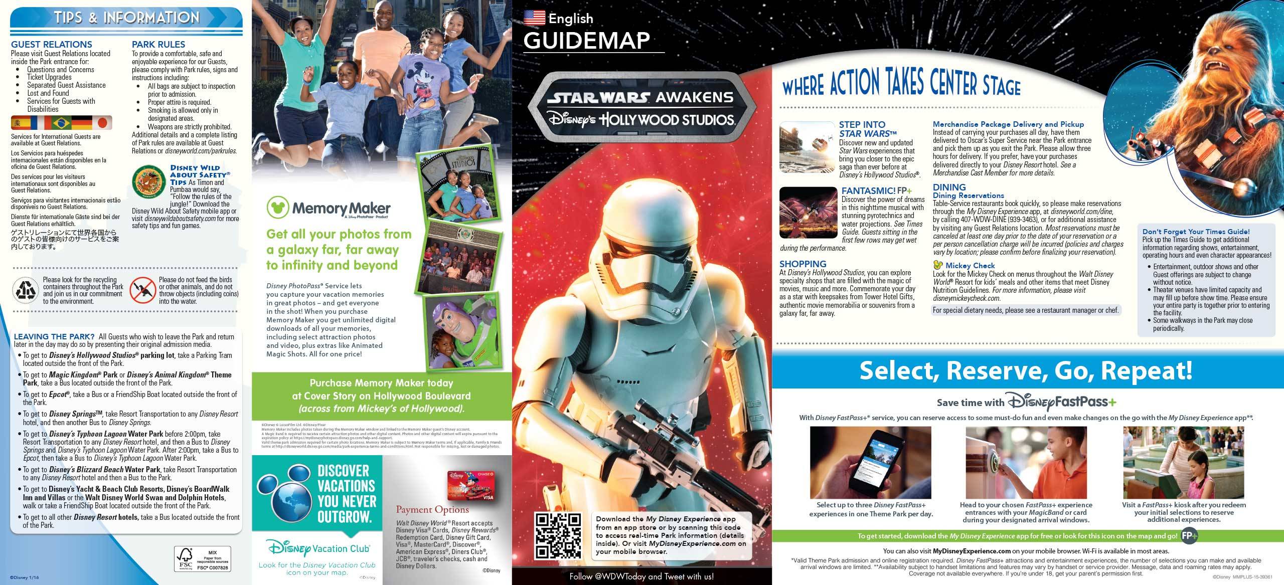Disney's Hollywood Studios Guide Map January 2016 - Front