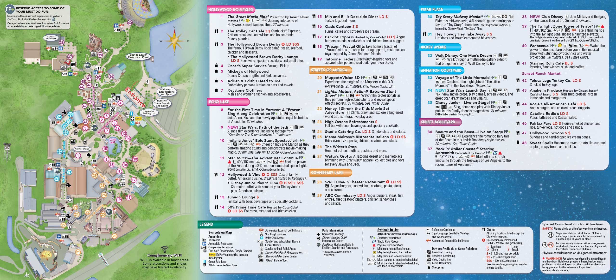 Disney's Hollywood Studios Guide Map January 2016 - Back