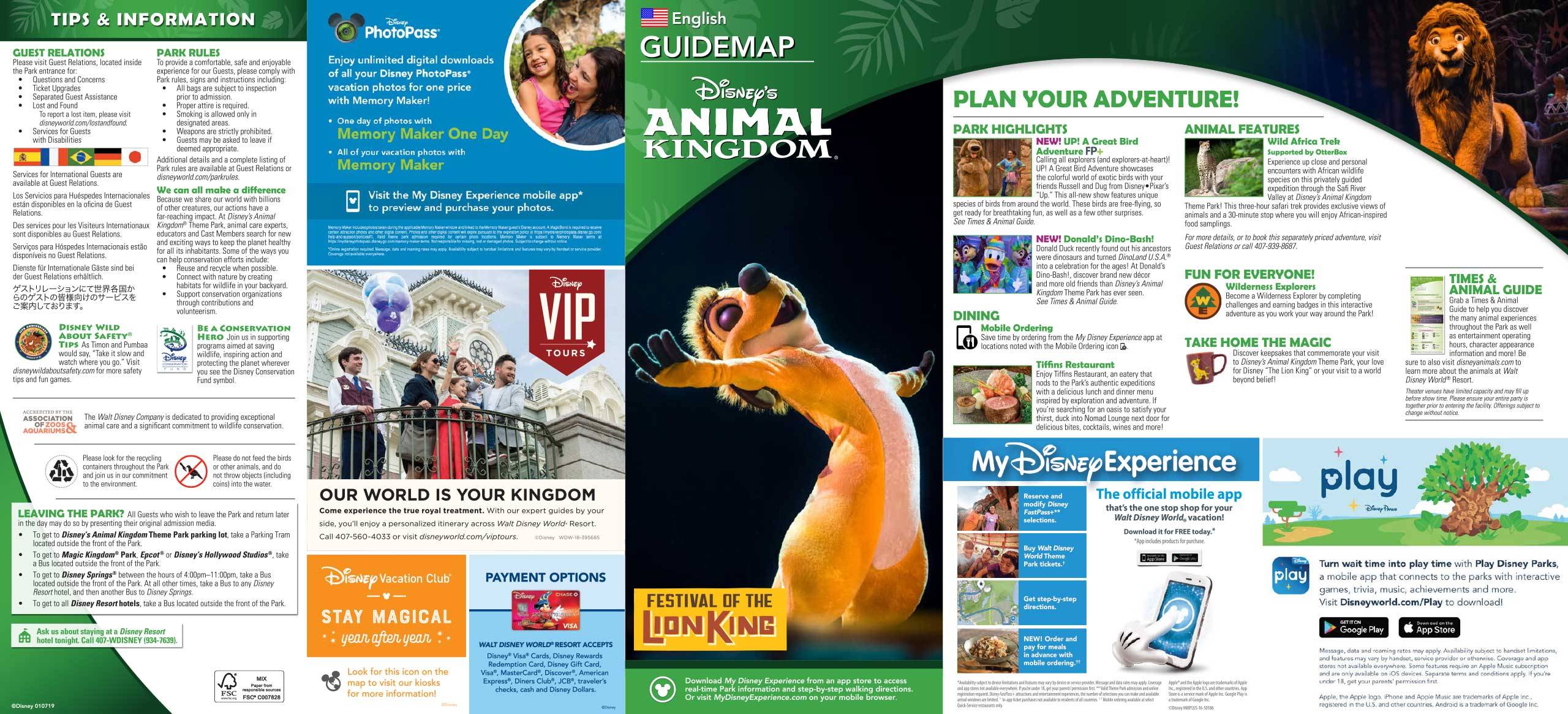 Disney's Animal Kingdom Guide Map January 2019 - Front