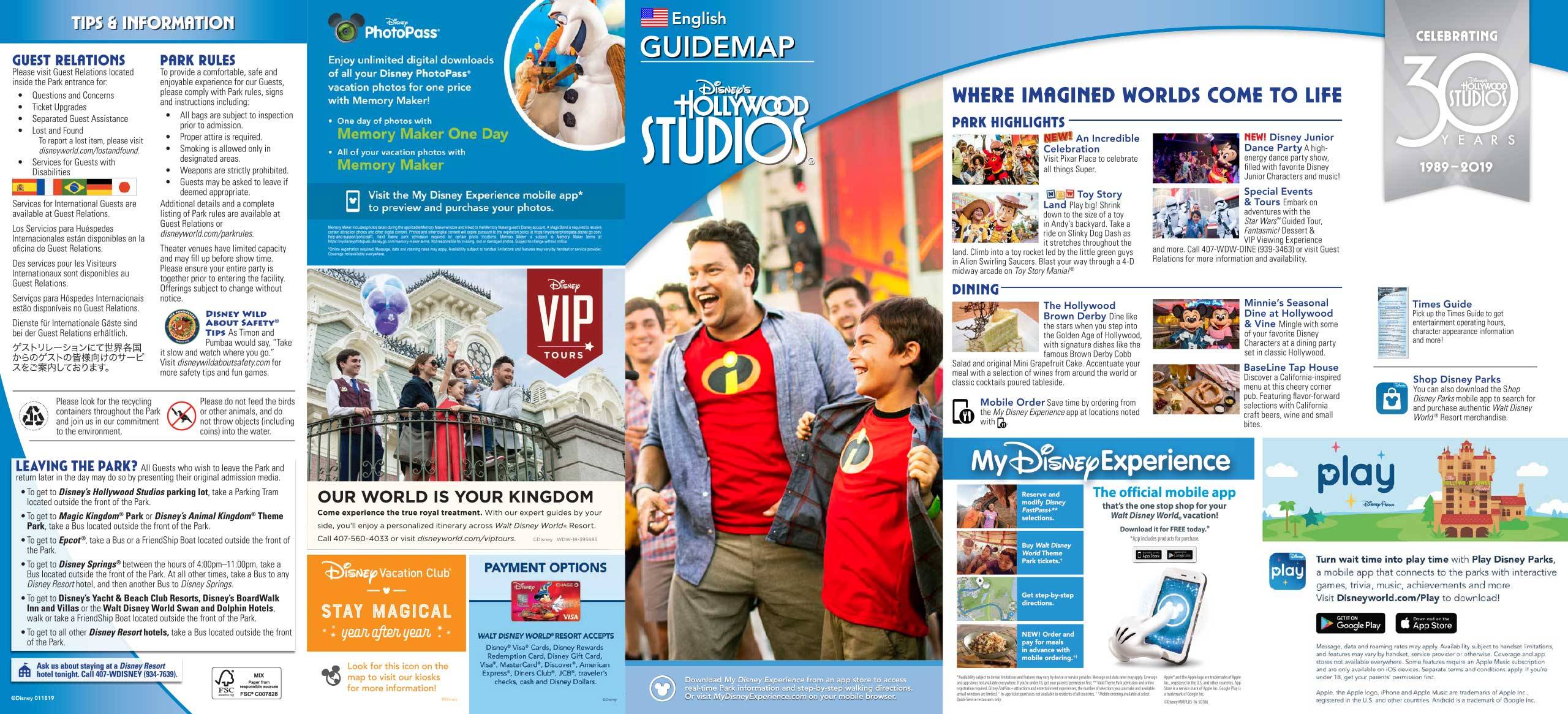 Disney's Hollywood Studios Guide Map January 2019 - Front