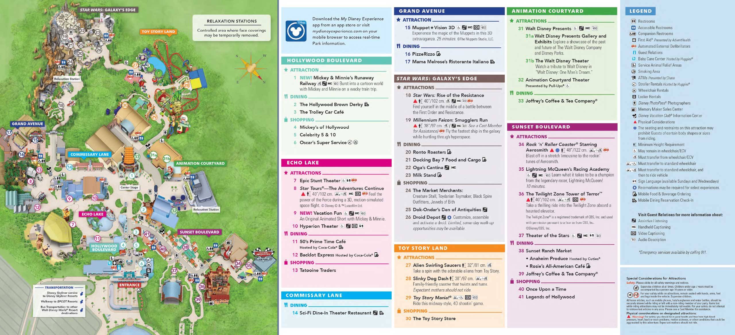 Disney's Hollywood Studios Guide Map July 2020 - Back