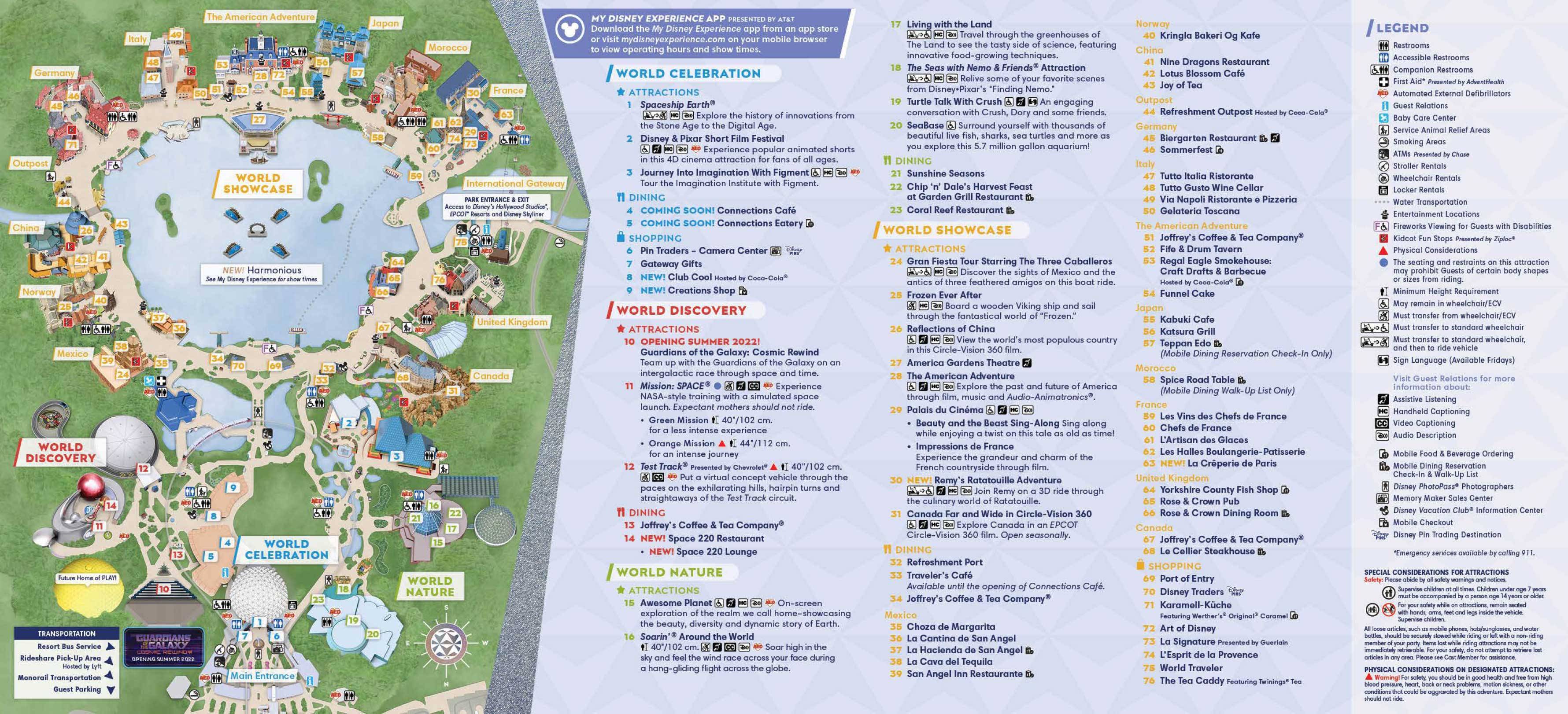 New guide map for EPCOT includes changes to walkways, closure of the EPCOT Experience, and upcoming World Celebration dining 