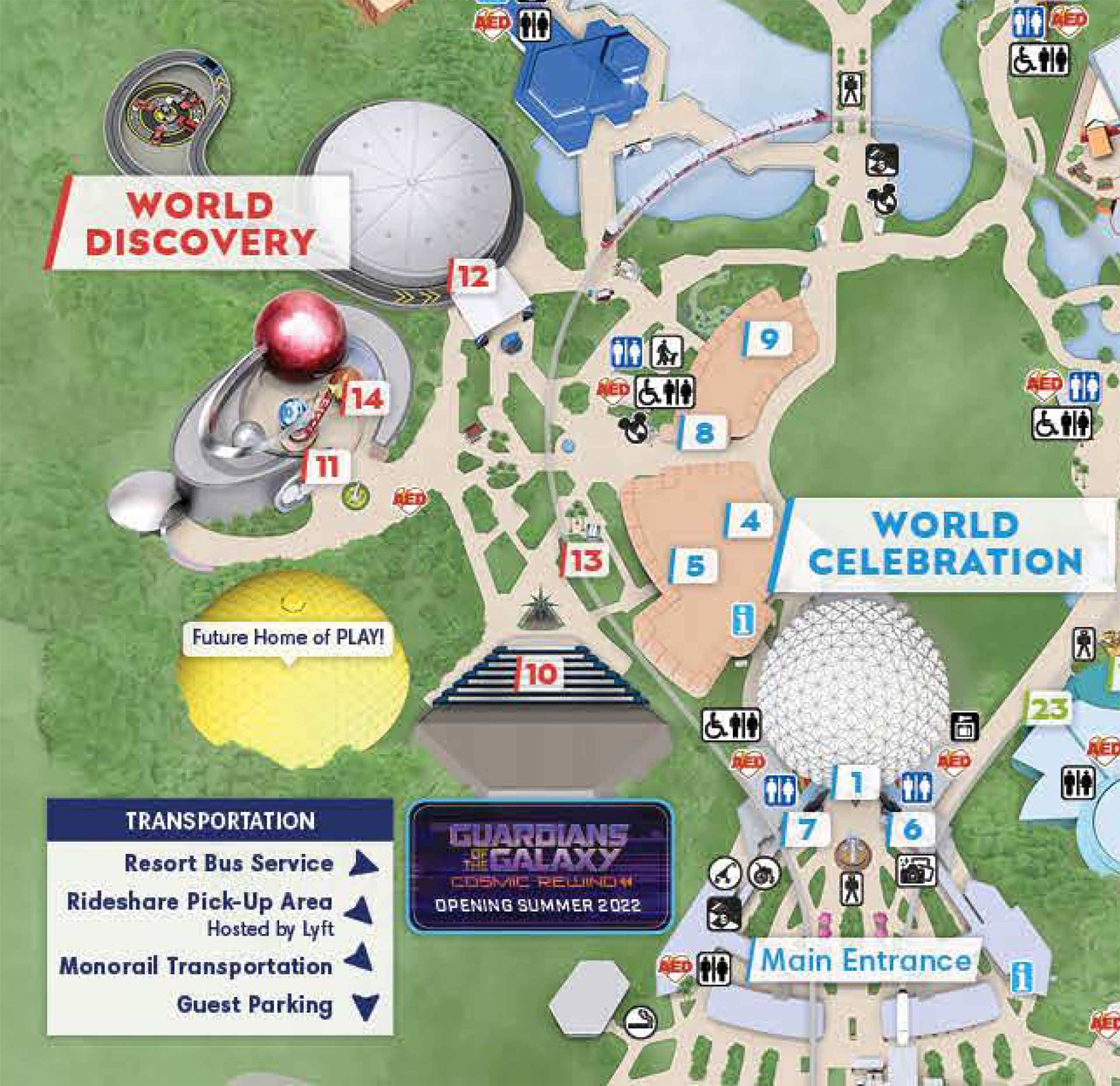 EPCOT guide map - March 2022 - Closeup of walkway changes on map