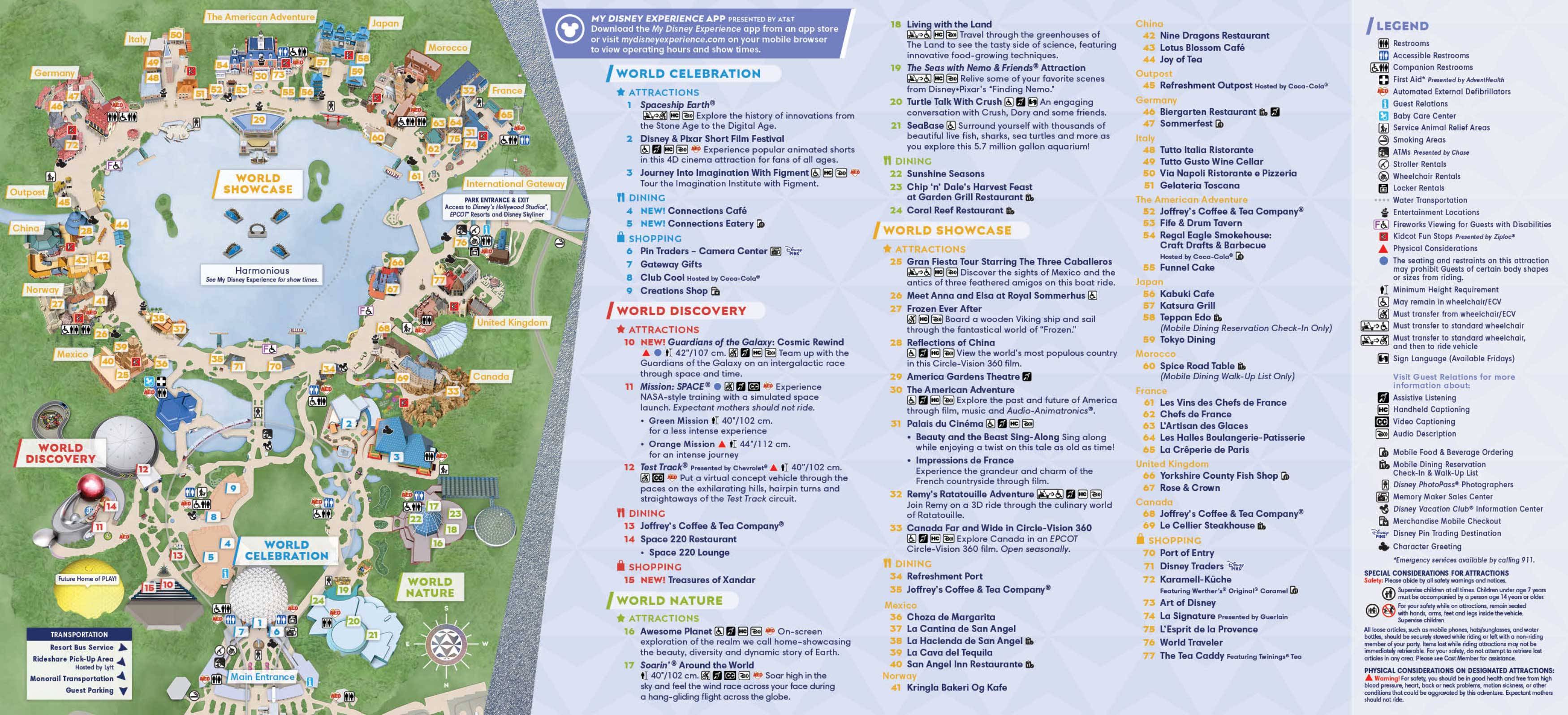 New guide map for EPCOT highlights Guardians of the Galaxy Cosmic Rewind and Connections Cafe and Eatery