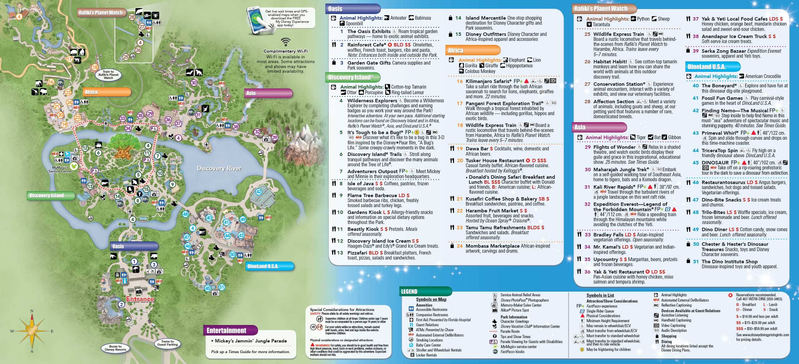 Disney's Animal Kingdom guide map with MyMagic+ and FastPass+ details