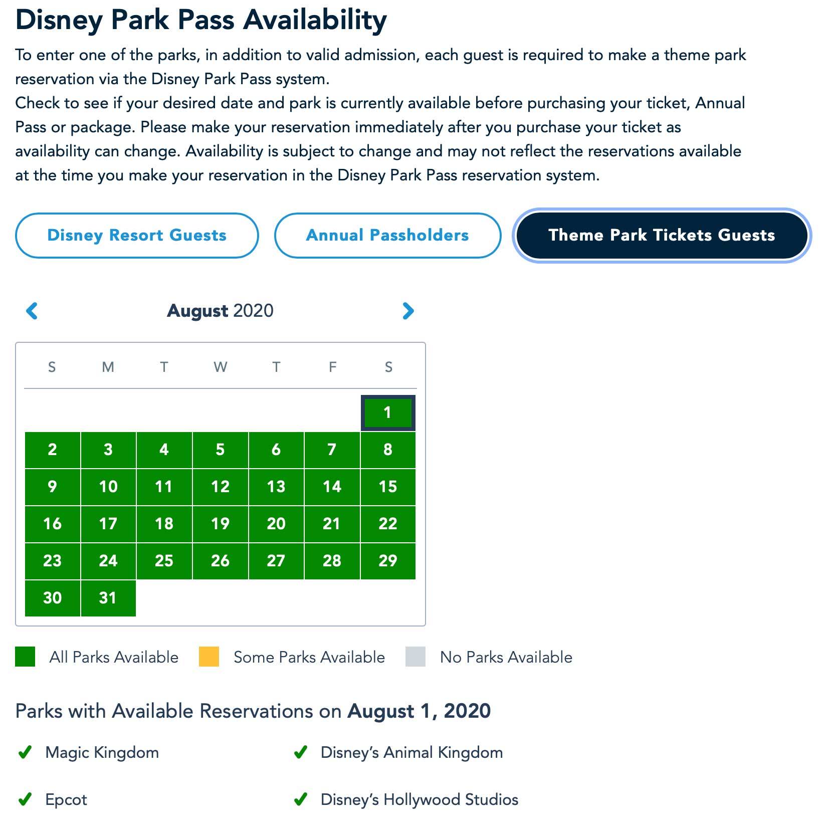 Disney Parks Pass availability for Theme Park Tickets guests