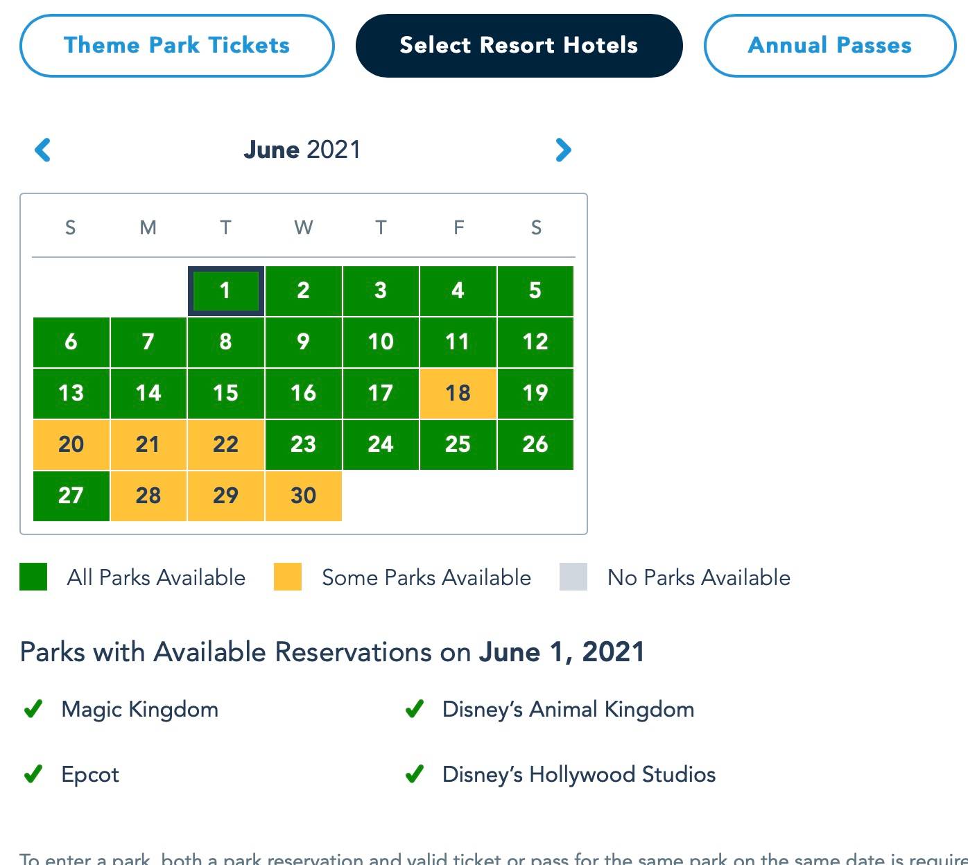 Disney Park Pass June 2021 as of May 14