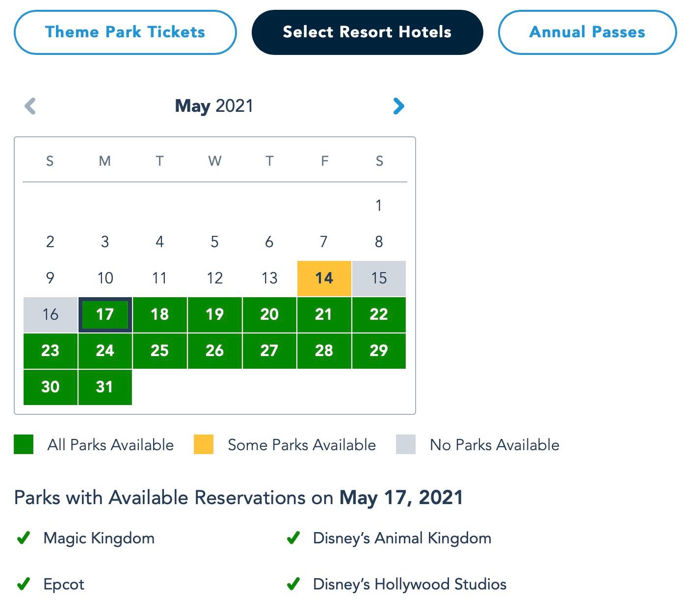 Disney Park Pass May June 2021 as of May 14