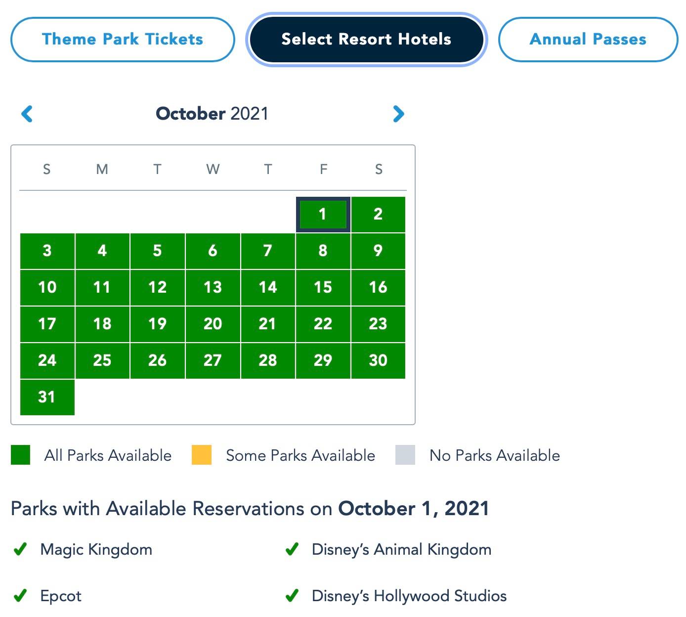 Disney Park Pass availability for October 1 Resort Guests as of July 21 2021