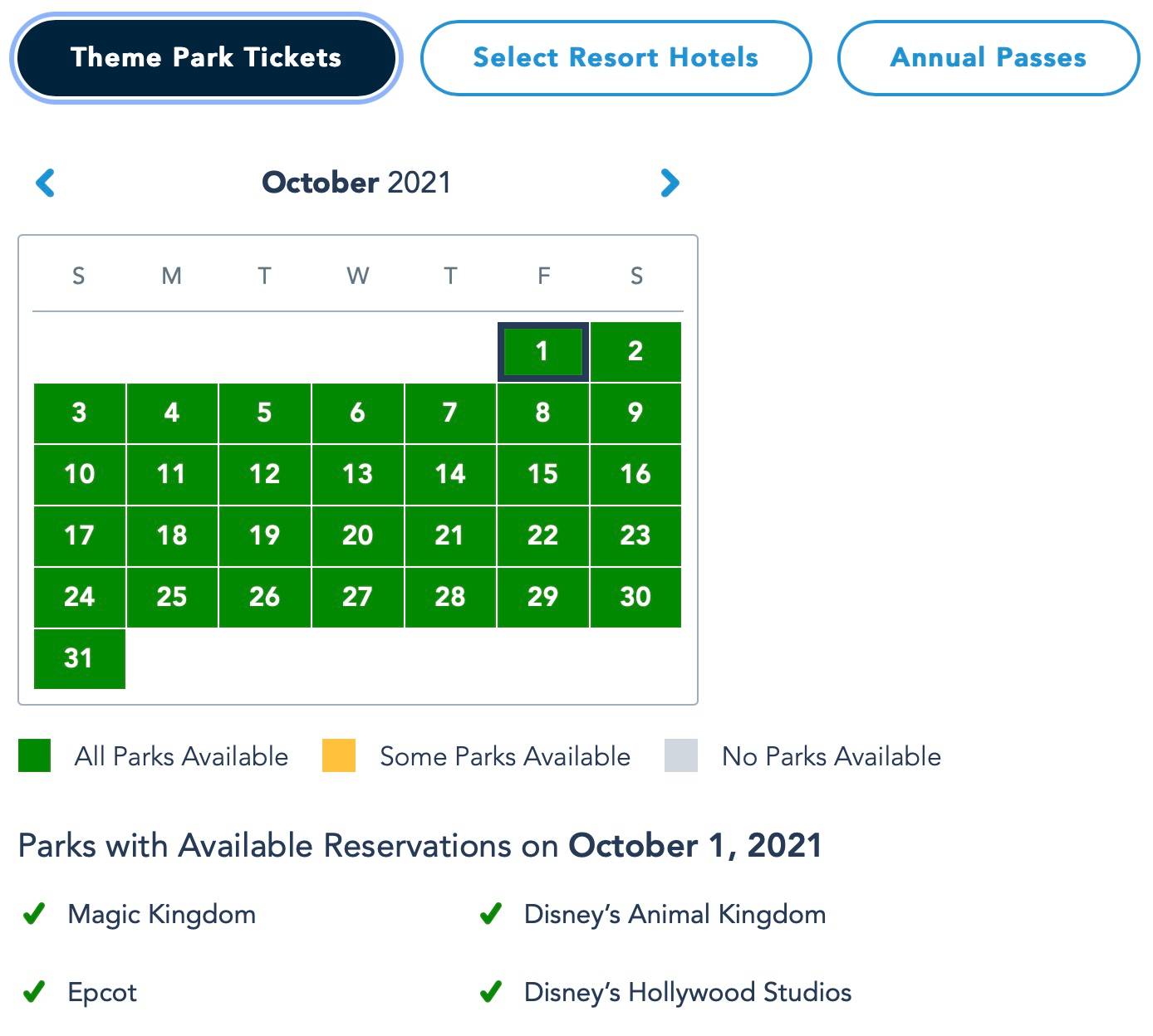 Disney Park Pass for October 1 - July 21 2021