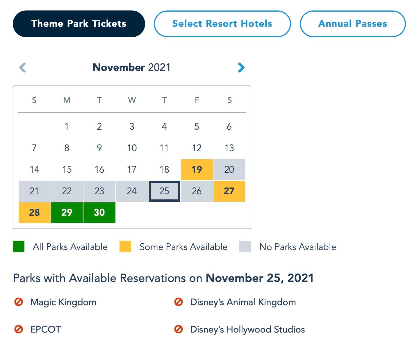 Disney Park Pass for Thanksgiving week 2021 - Theme Park Tickets