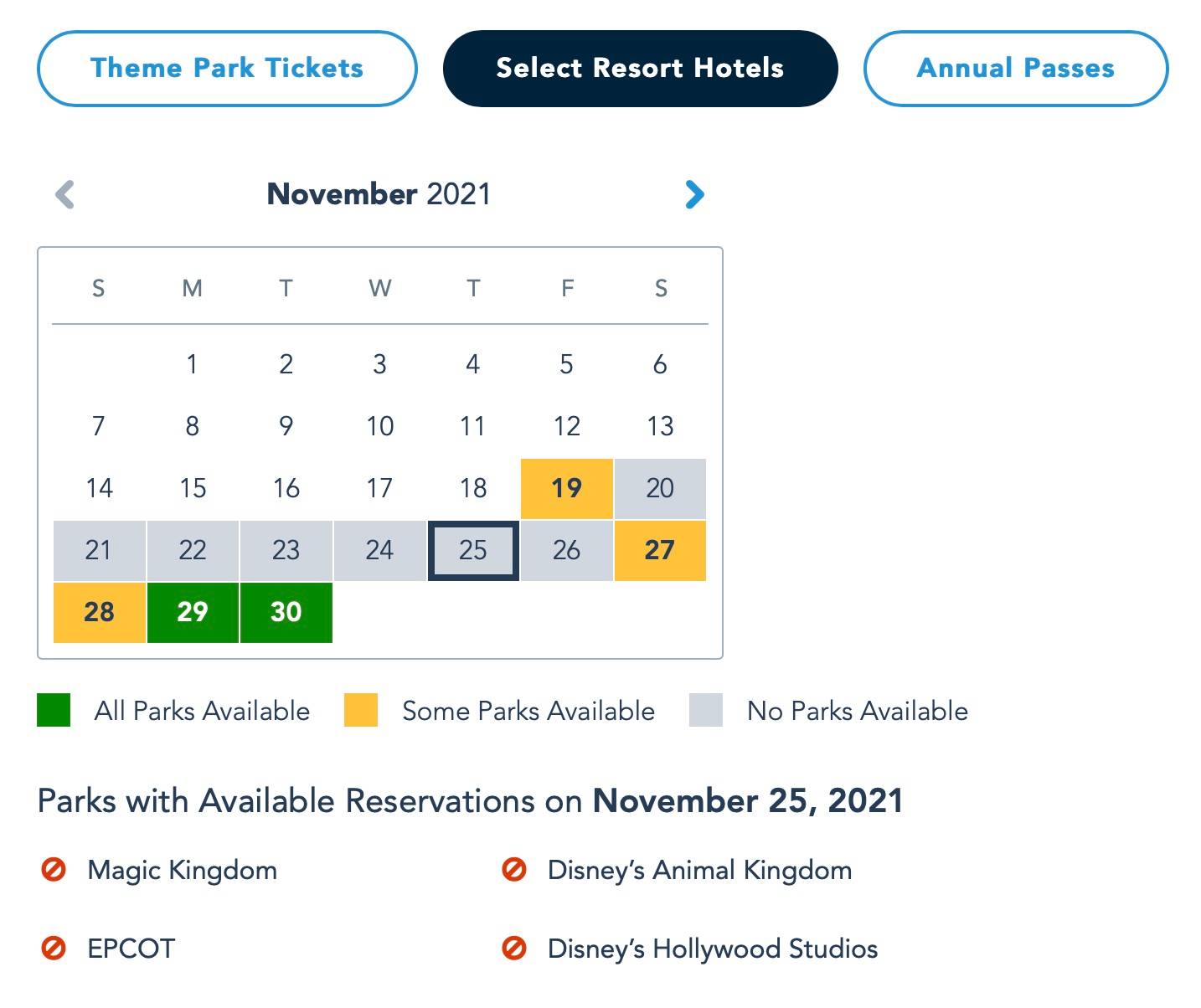 Disney Park Pass for Thanksgiving week 2021 - Resort hotel guests