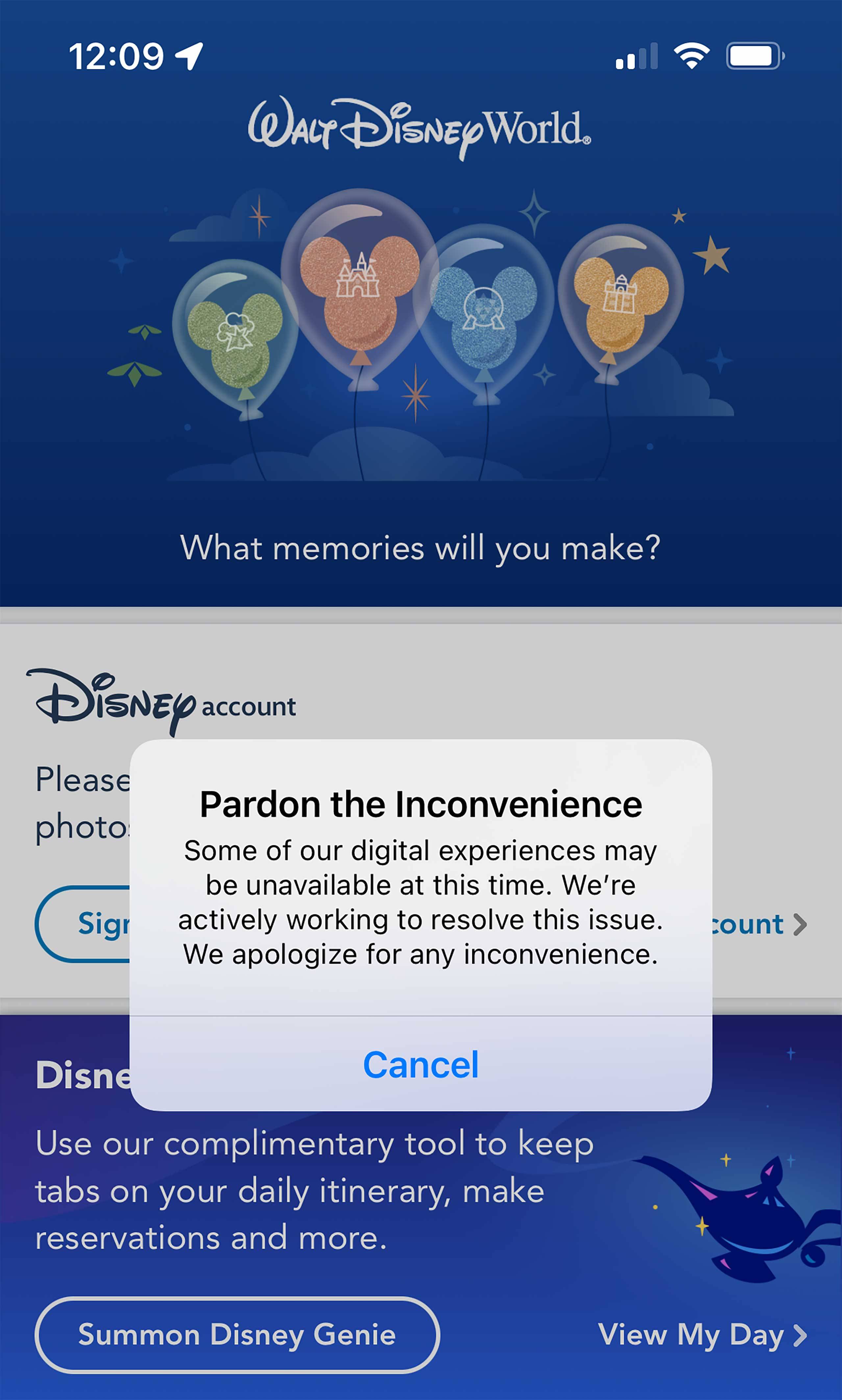 Disney World experiencing a digital service outage impacting 'My Disney Experience' and Disney Genie