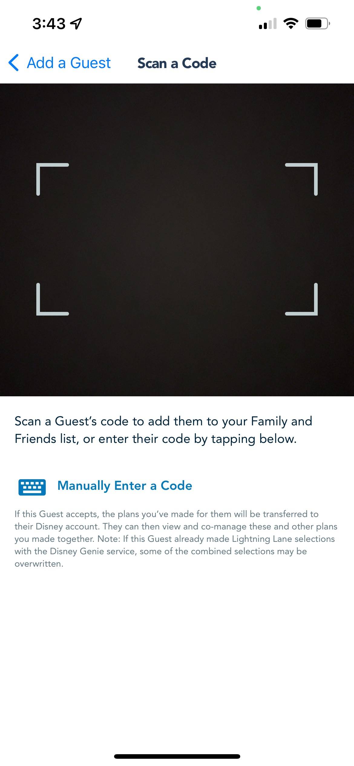 Screenshot - My Disney Experience Friends and Family linking with QR code