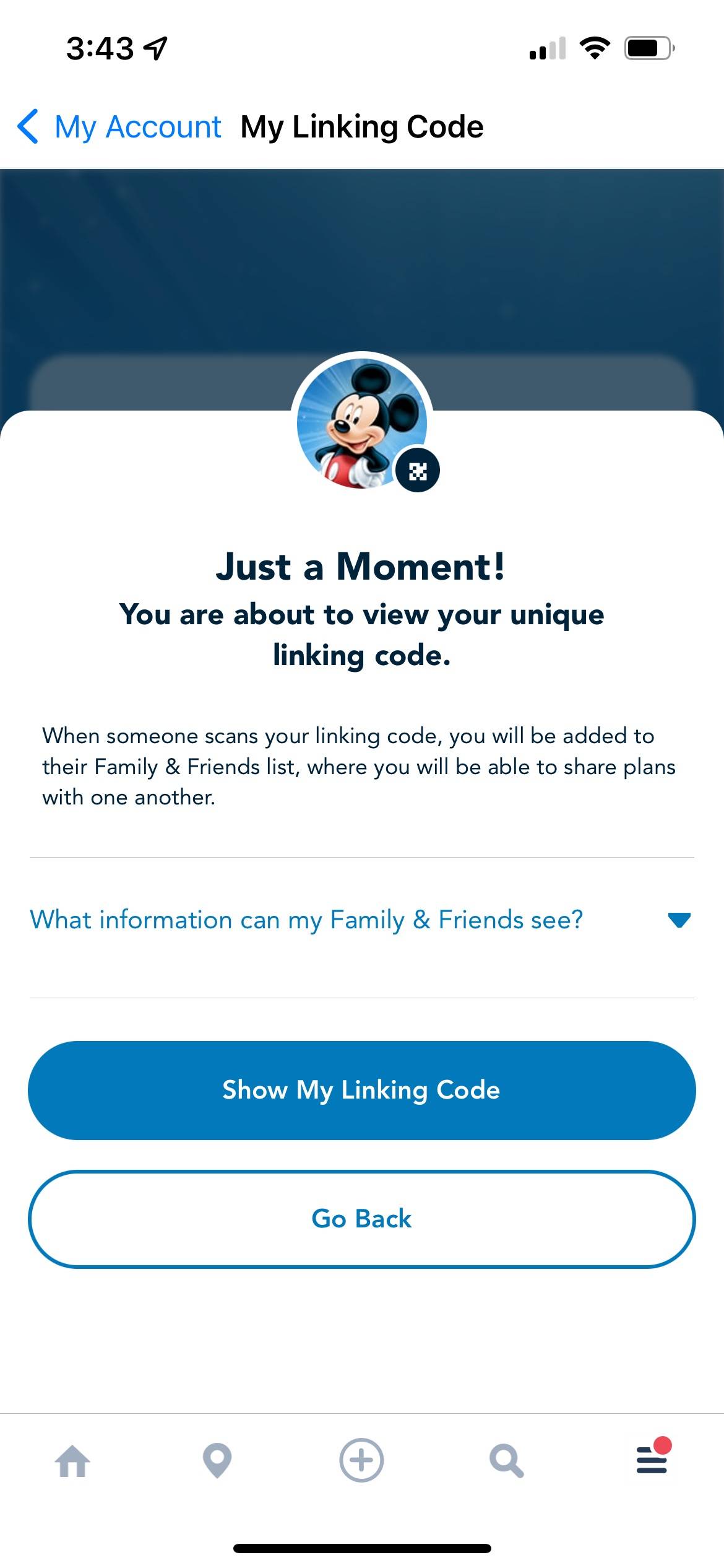 Screenshot - My Disney Experience Friends and Family linking with QR code