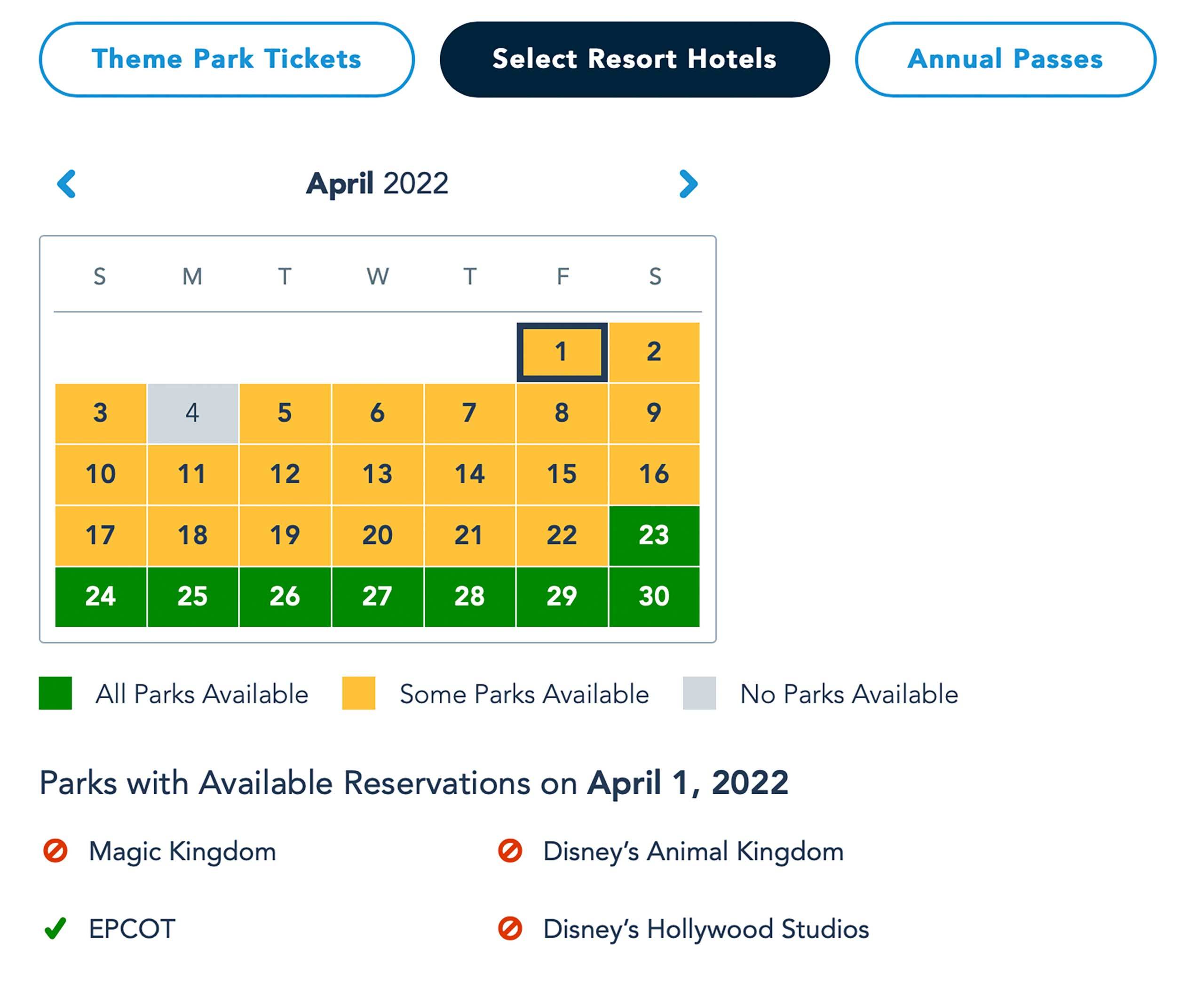 Disney Park Pass availability April 2022