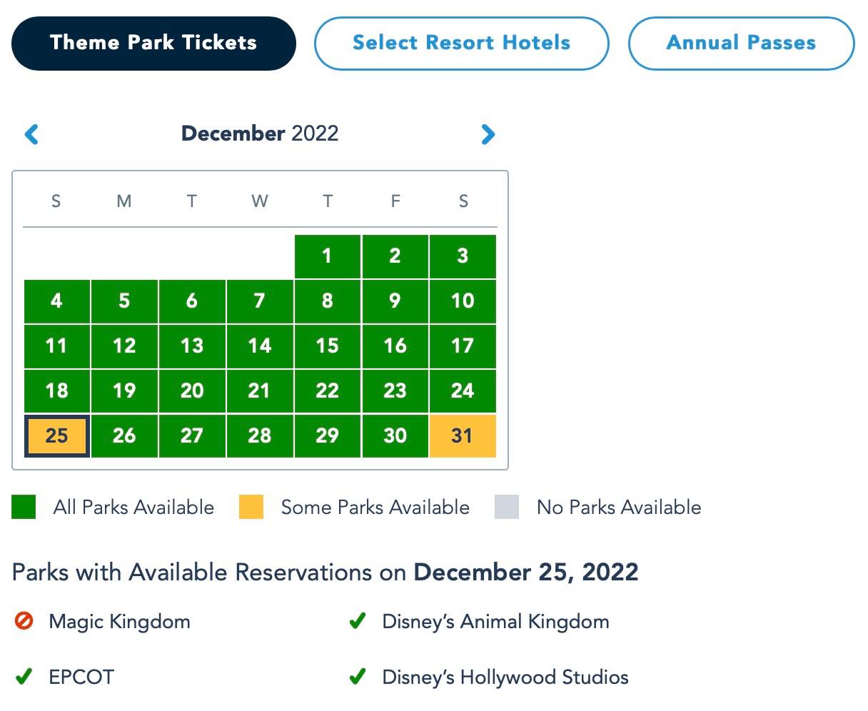 Disney Park Pass availability December 2022