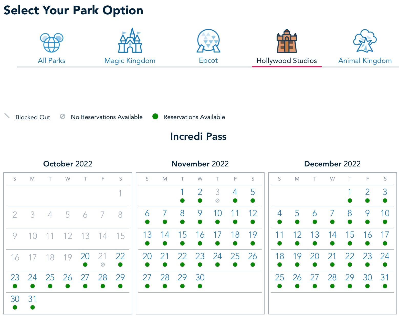 Disney Park Pass availability November 2022