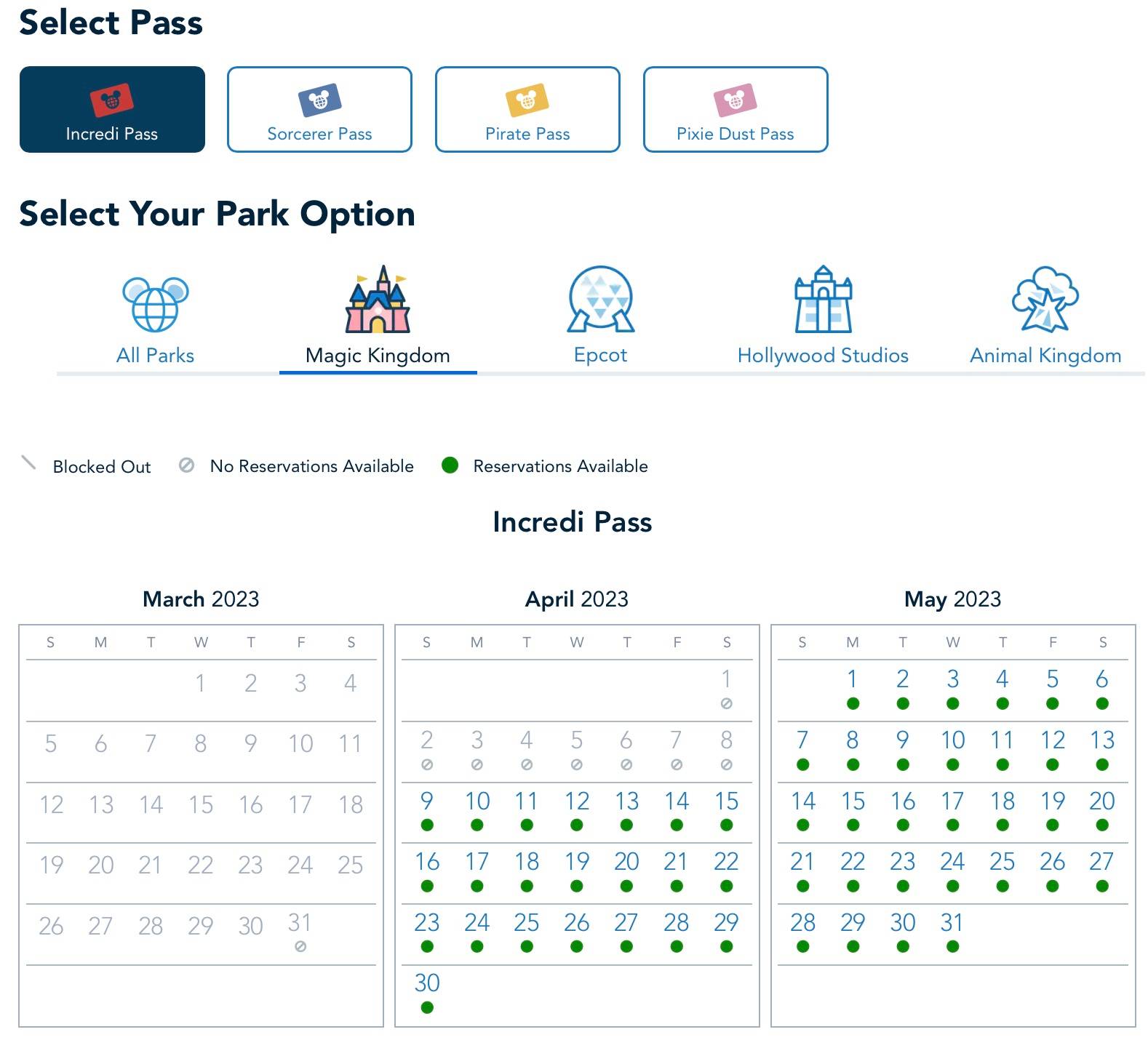 Disney Park Pass availability - April 2023