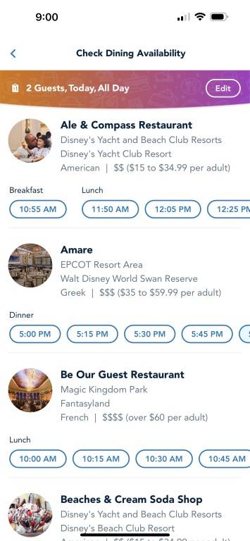 New Dining Reservation system in My Disney Experience - August 2023