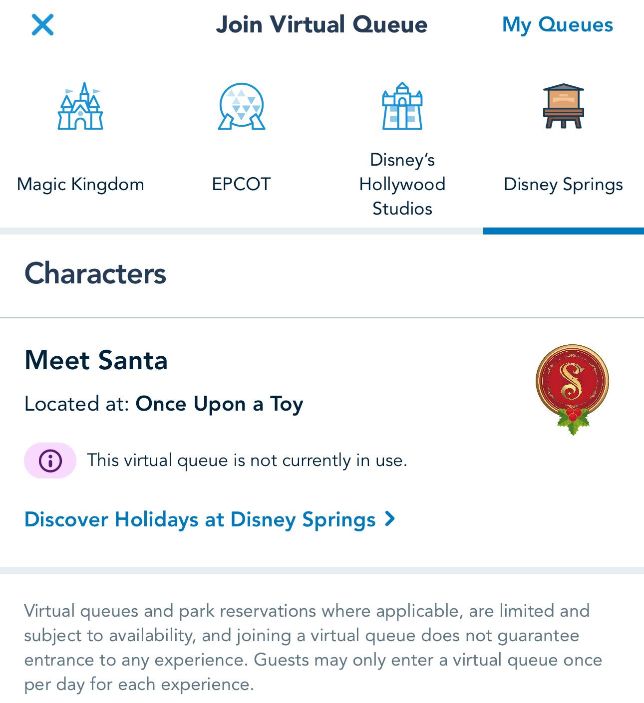 Santa Virtual Queue in My Disney Experience