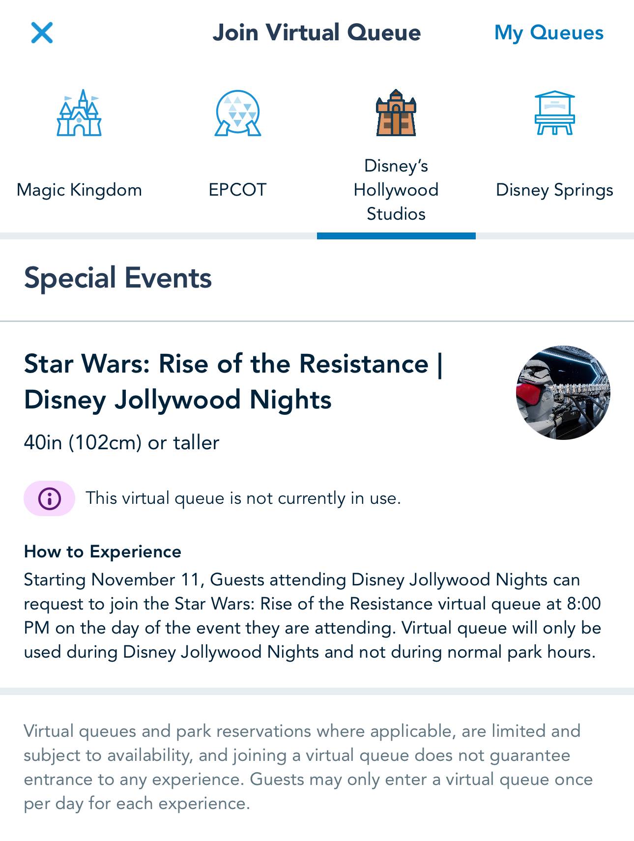 Star Wars Rise of the Resistance Virtual Queue in My Disney Experience