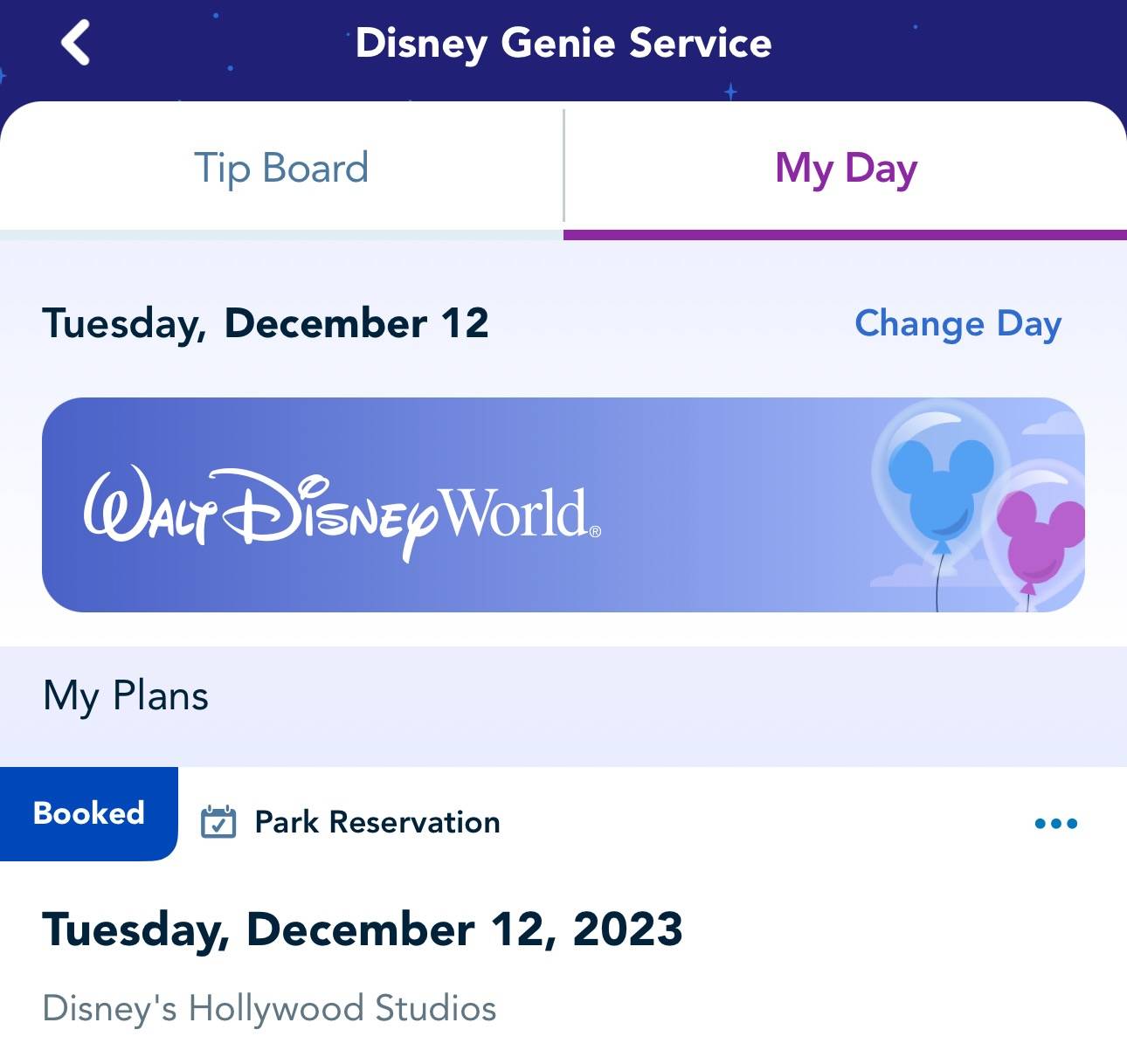 My Disney Experience park reservation screenshot