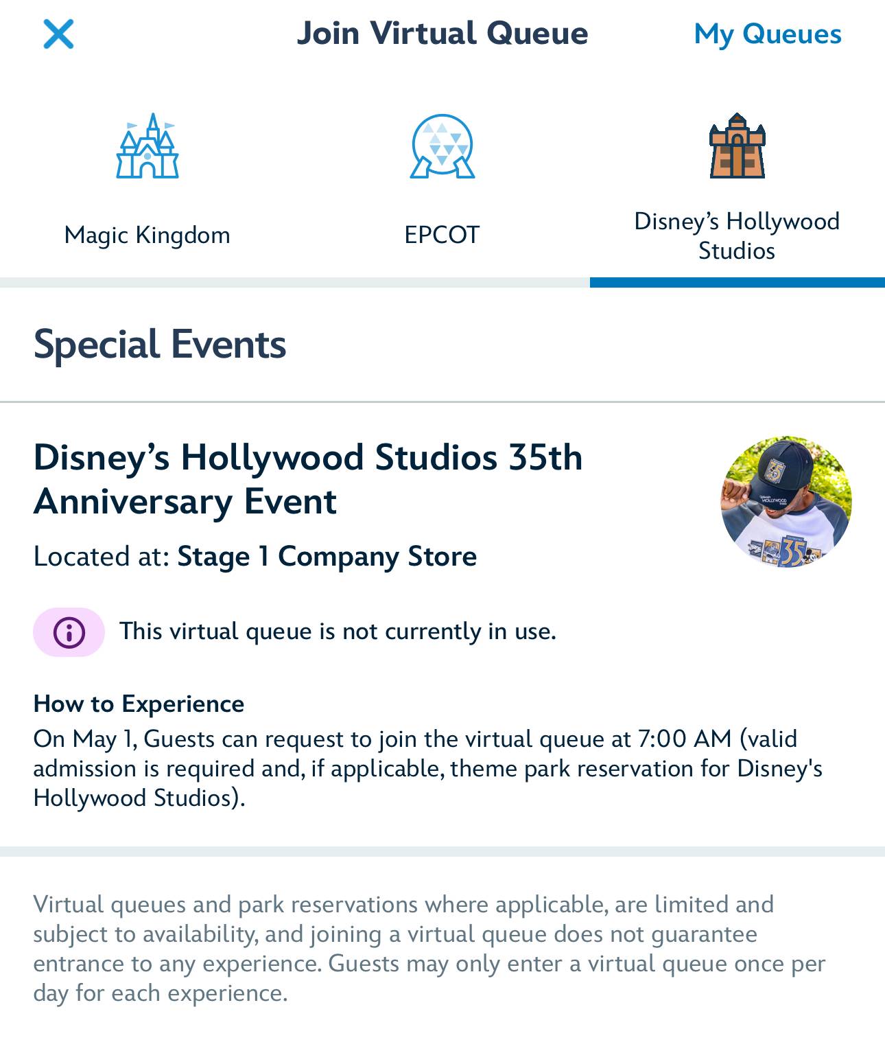 Virtual Queue loaded in My Disney Experience for Disney's Hollywood Studios 35th anniversary