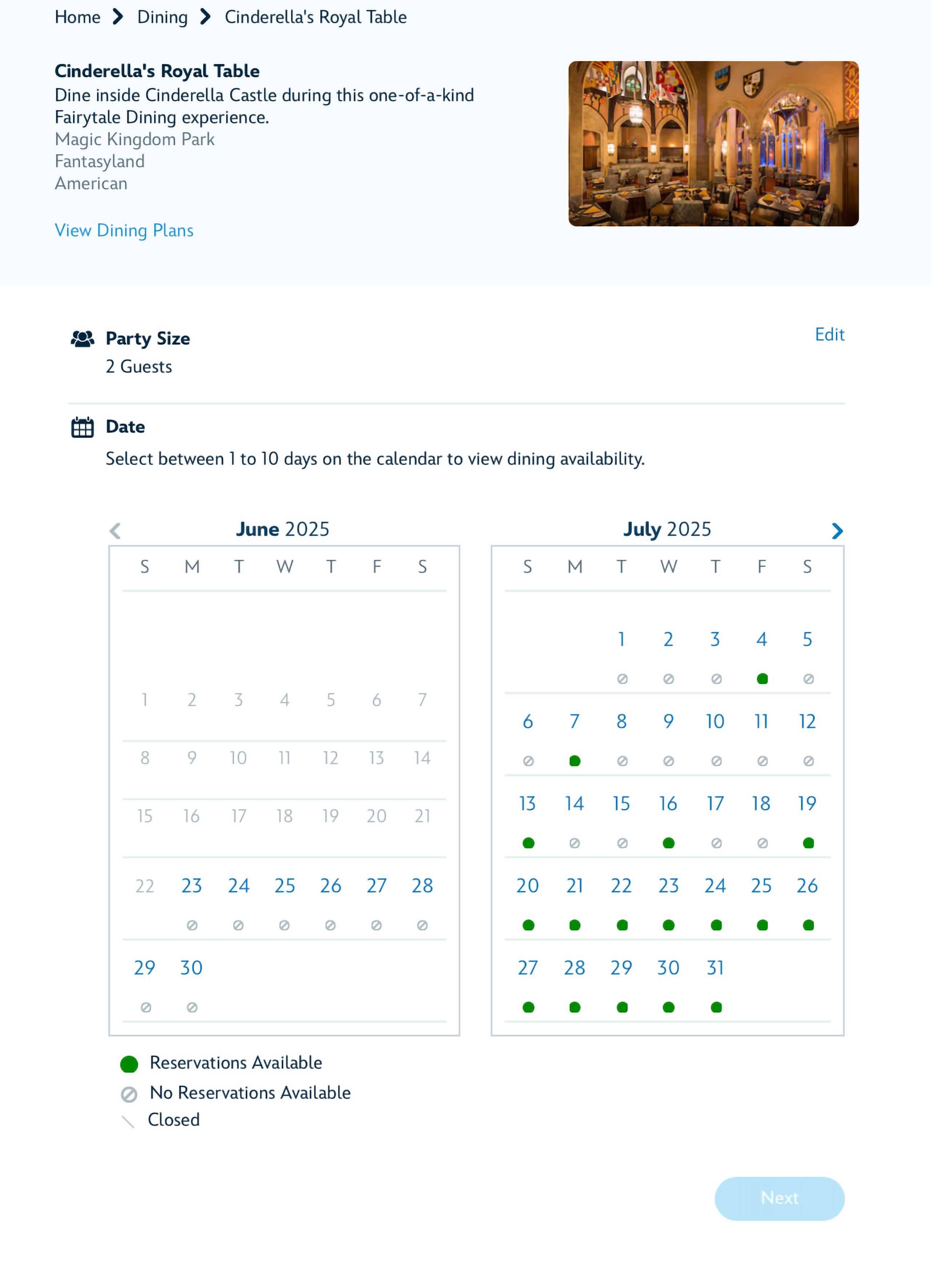 Walt Disney World Updated Dining Reservations with Multi-Day Calendar and Location Filters