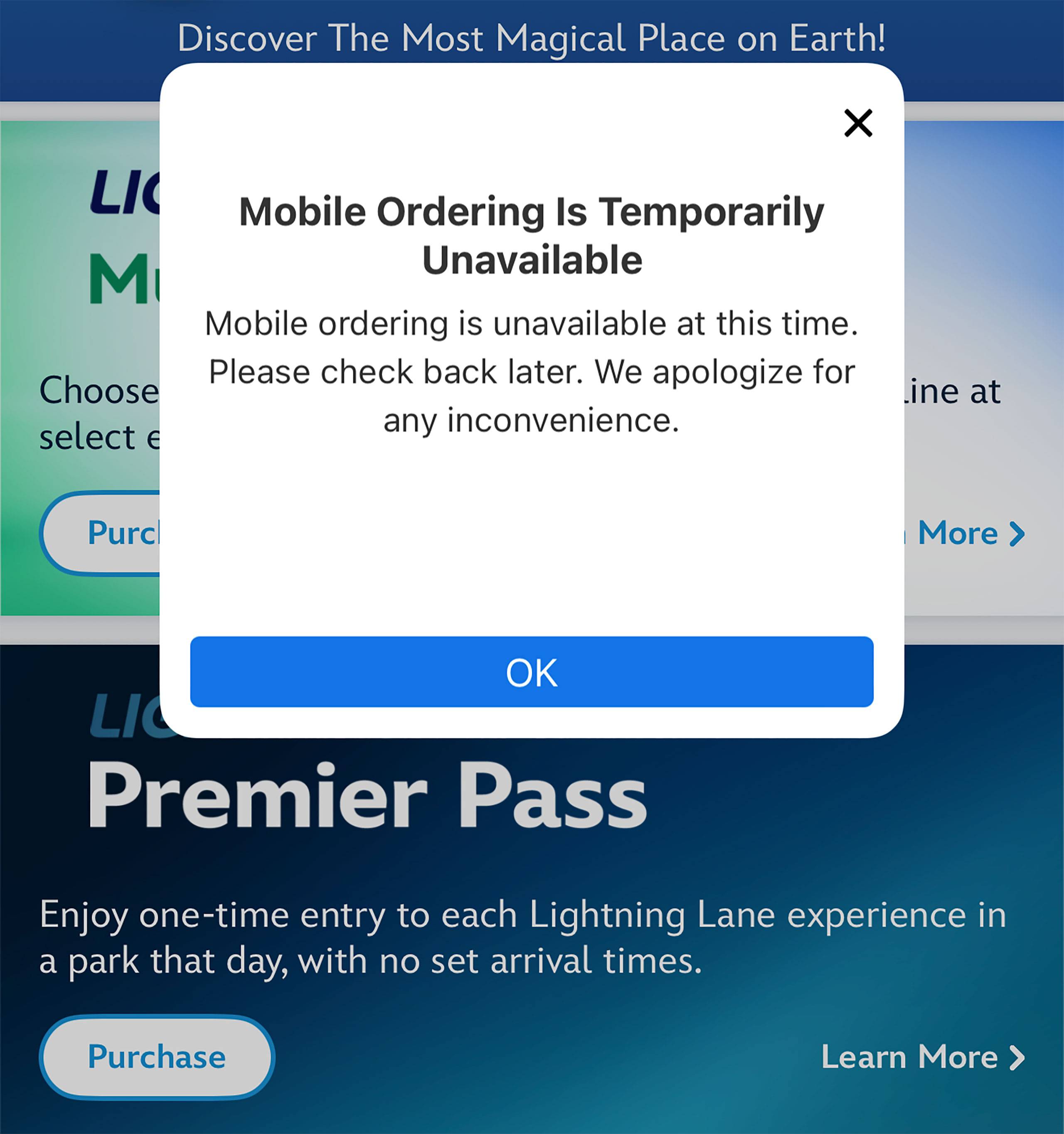 Mobile Ordering Down in My Disney Experience App  - November 18 2025