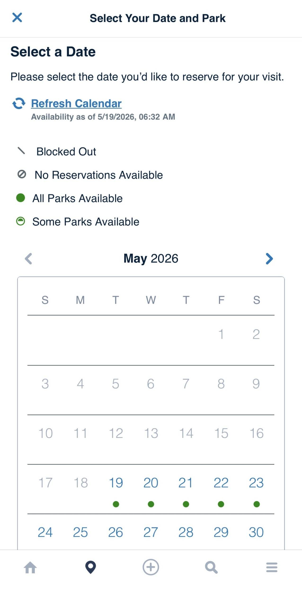 Walt Disney World Park Reservation Calendar in the My Disney Experience App