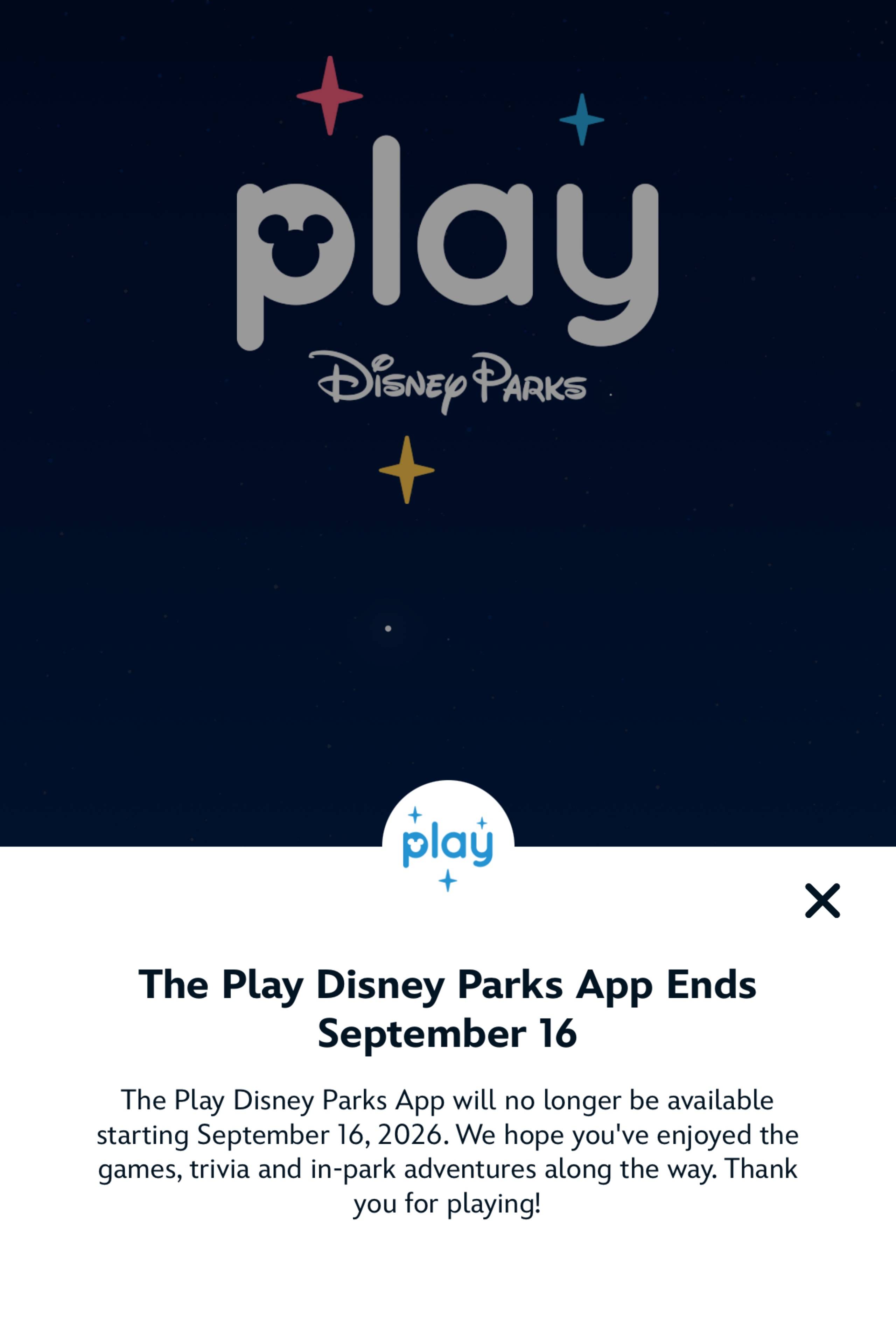 The Play Disney Parks app displays a notice announcing the app will no longer be available starting September 16, 2026
