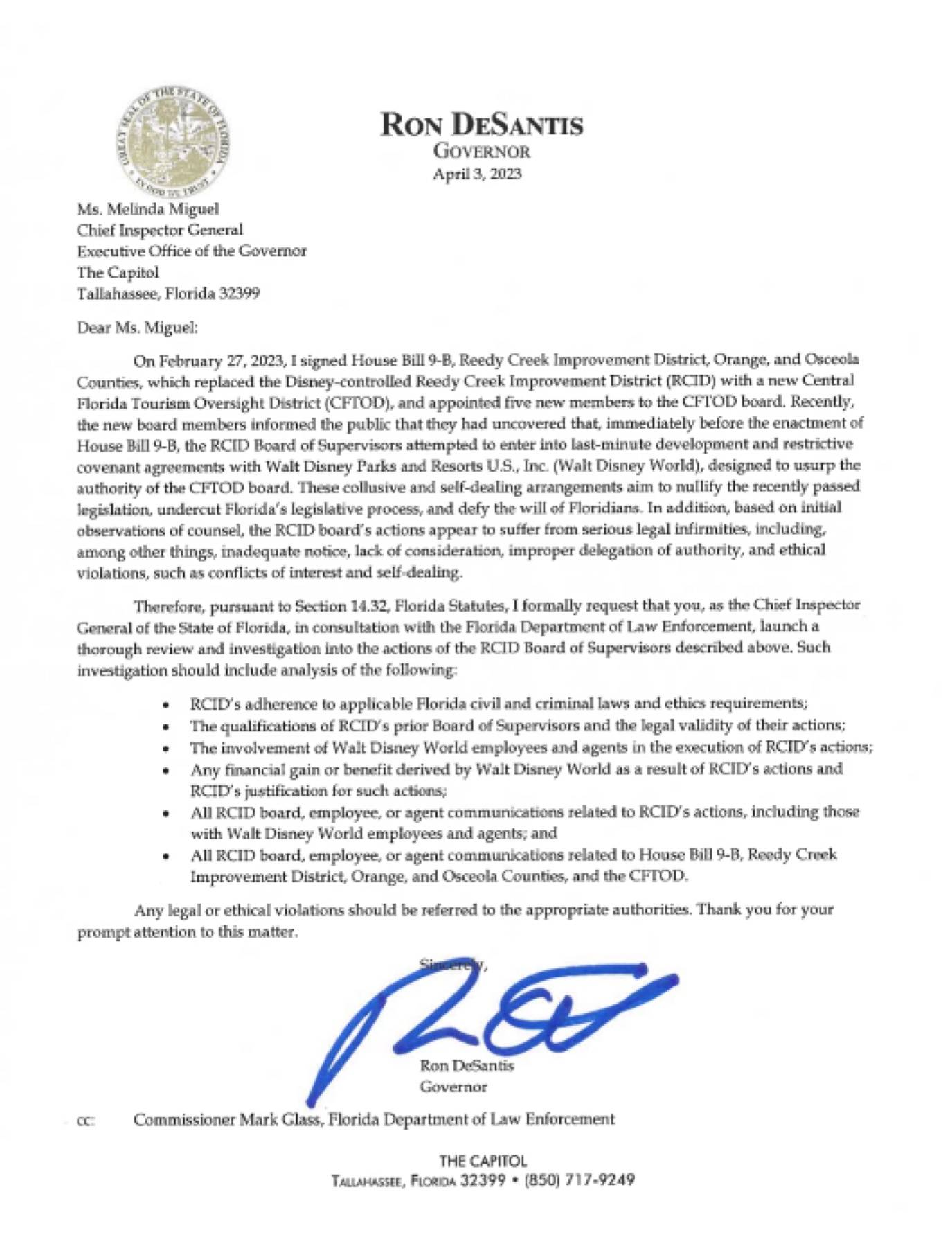 Governor DeSantis letter to Chief Inspector General