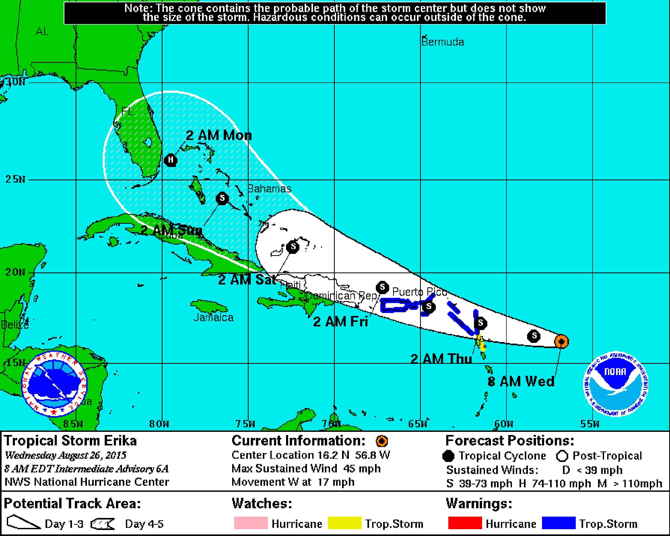 Tropical Storm Erika - 5 day track - August 26 8am