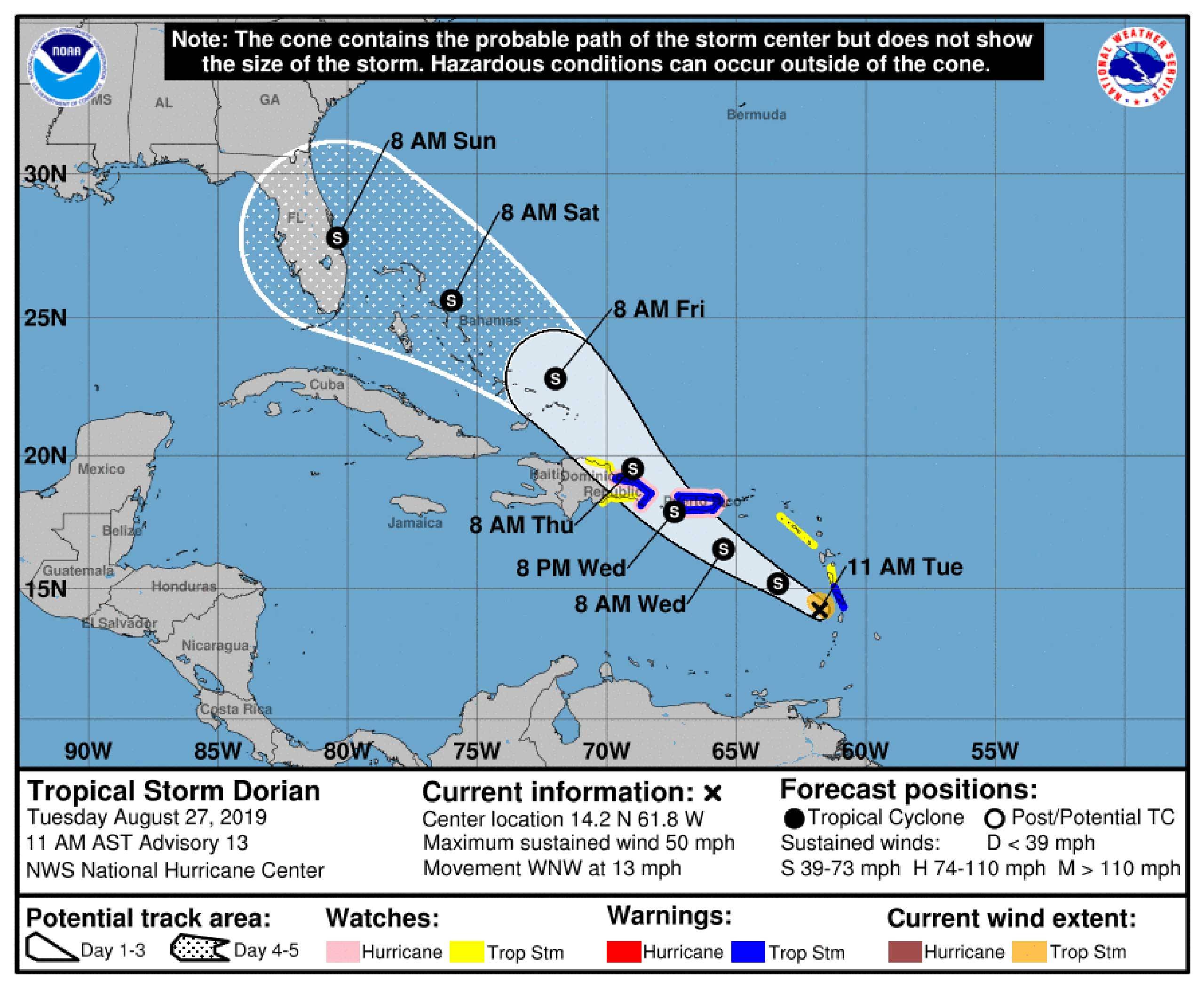 Tropical Storm Dorian 11am 27 August 2019