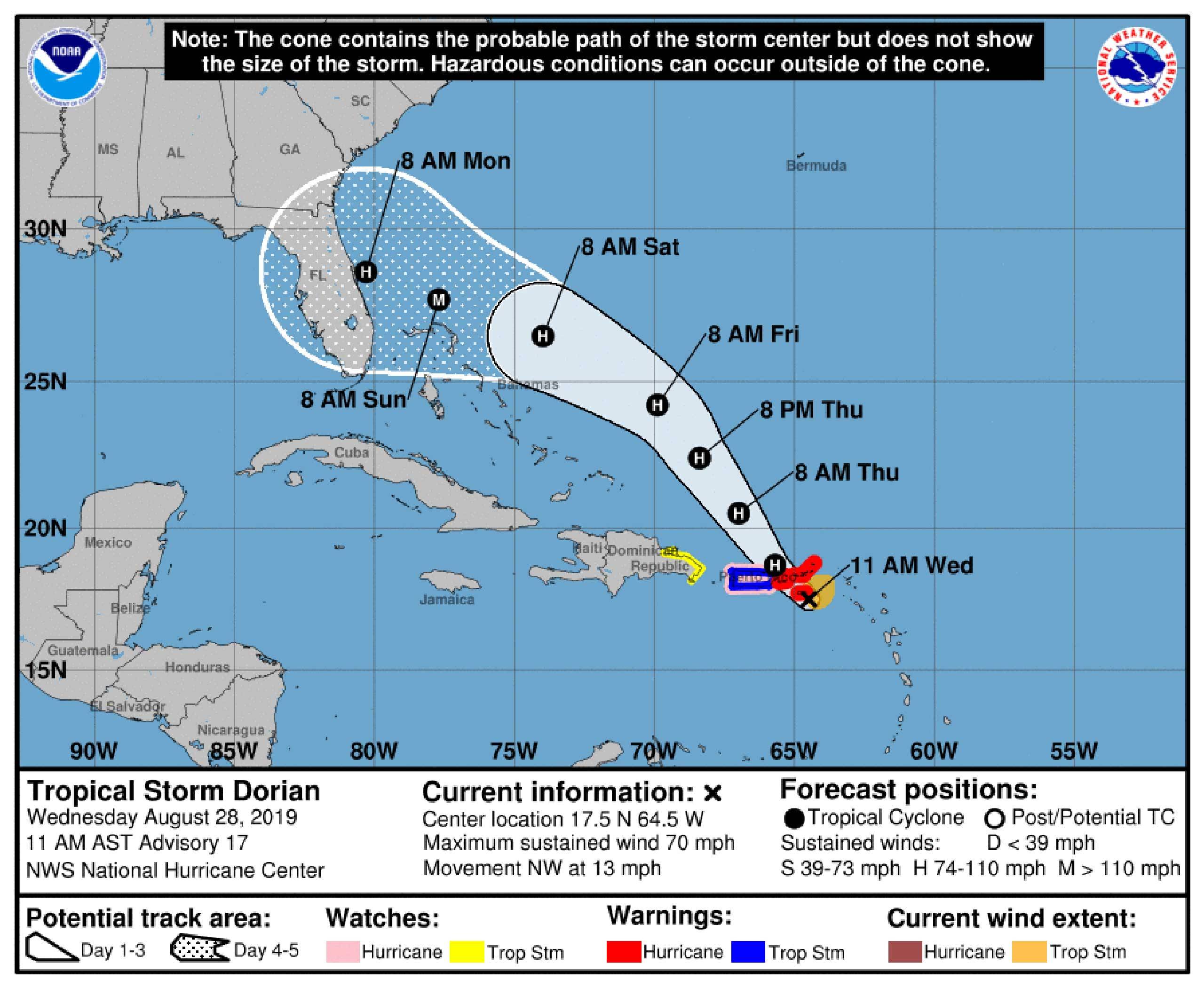 Tropical Storm Dorian 11am 28 August 2019