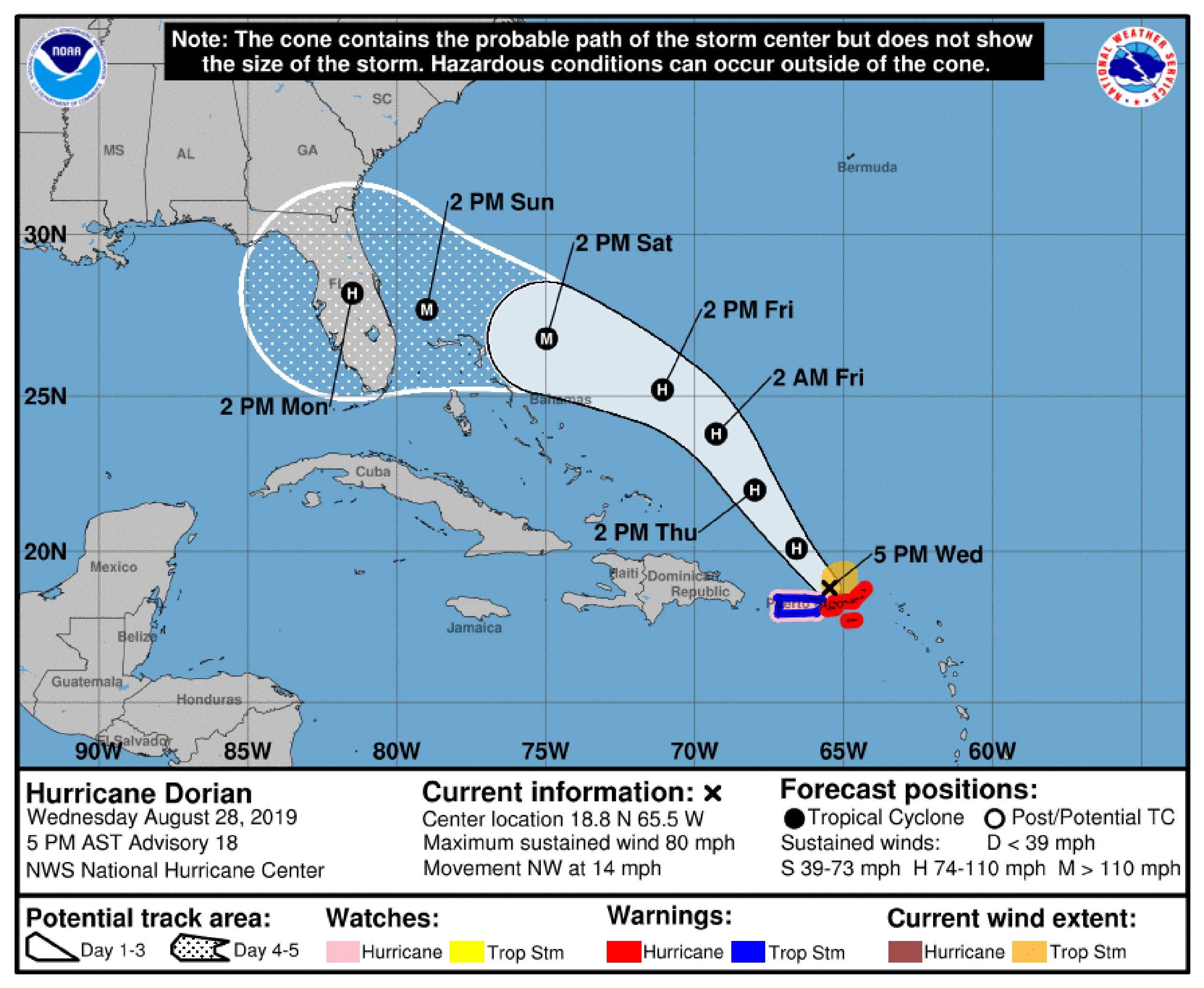 Tropical Storm Dorian 5pm 28 August 2019
