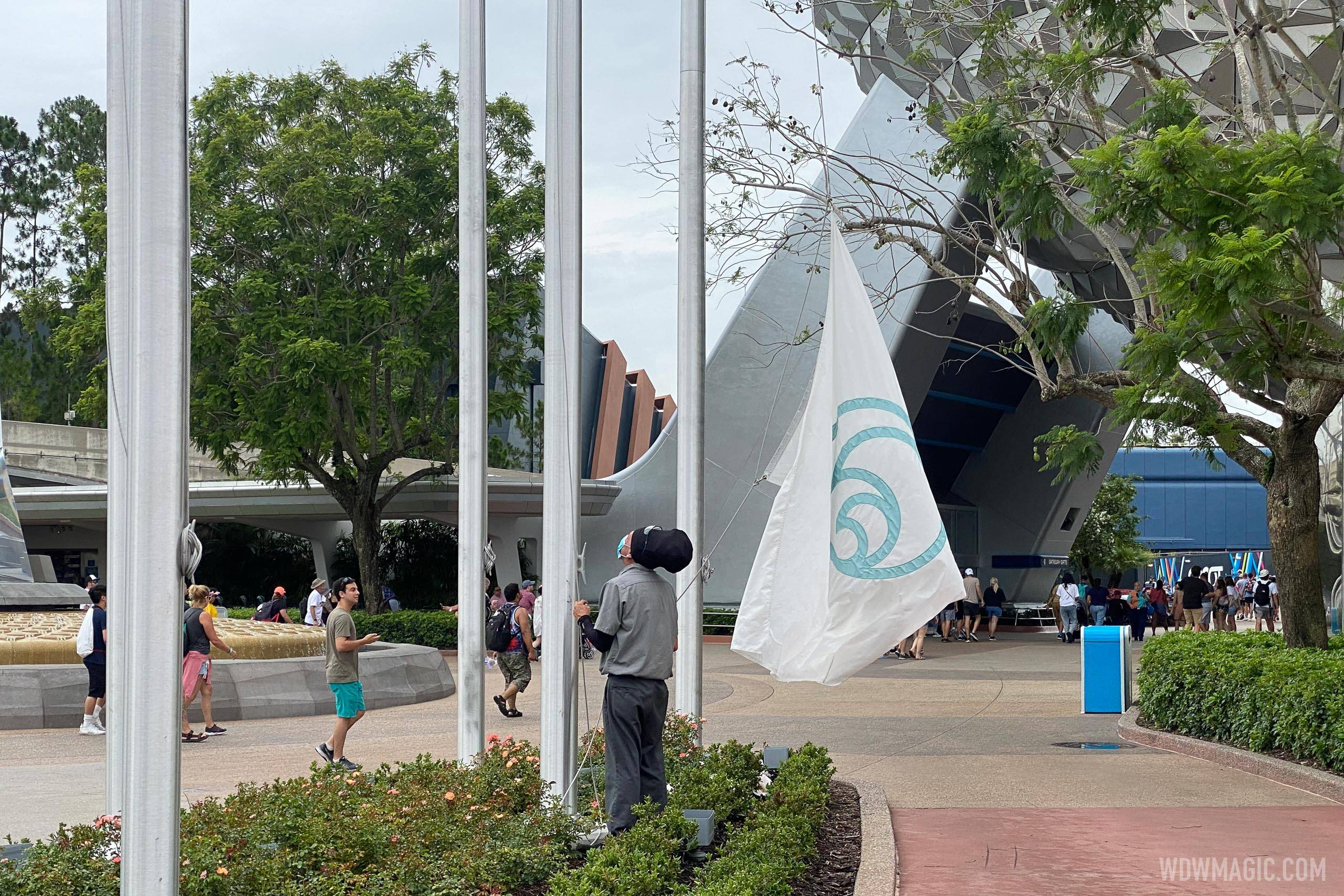 Flags removed at EPCOT main entrance at Hurricane Elsa approaches