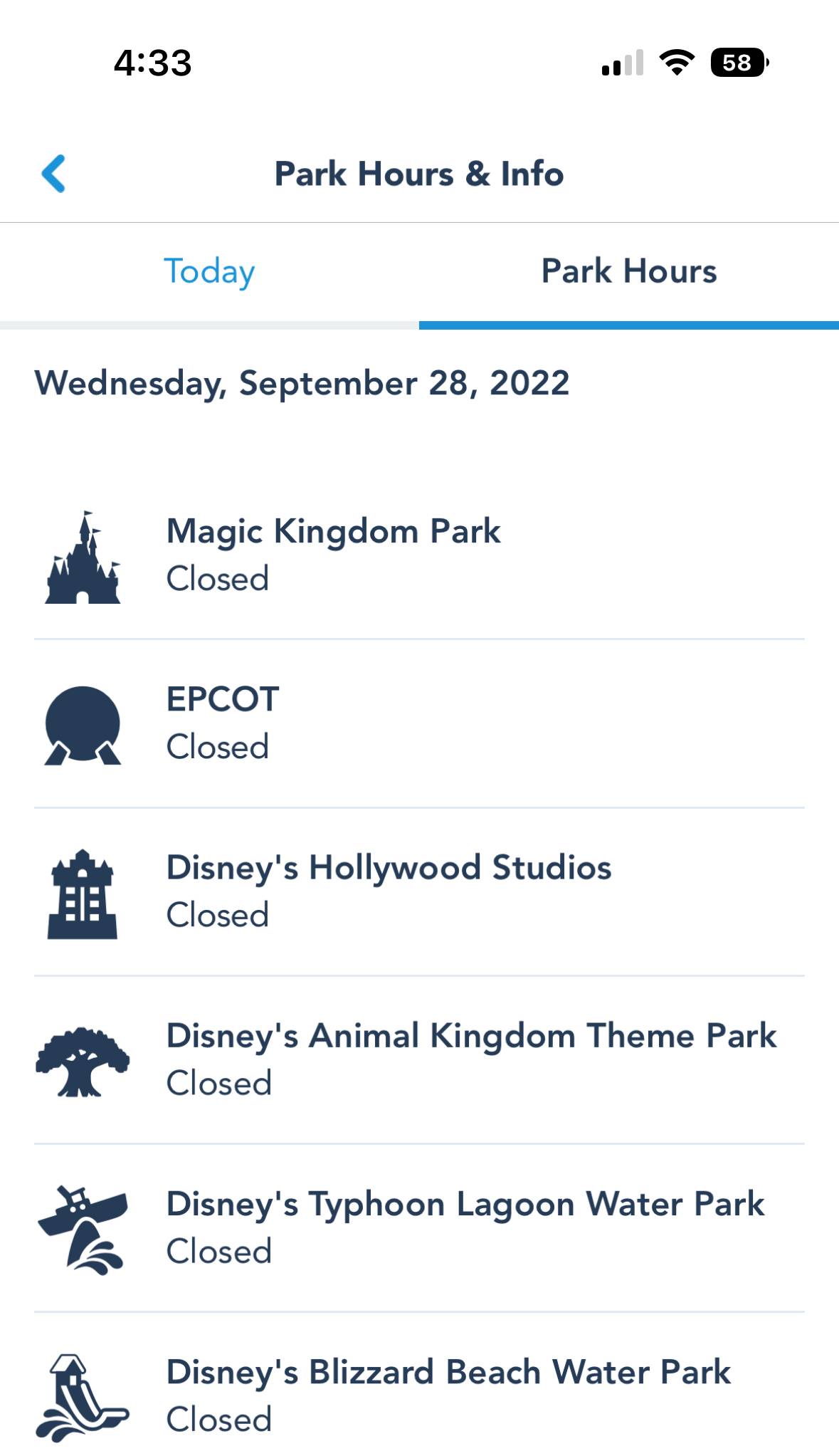 My Disney Experience shows all Walt Disney World parks closed
