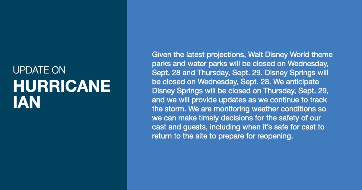 Walt Disney World theme park Hurricane Ian closure notice via Twitter