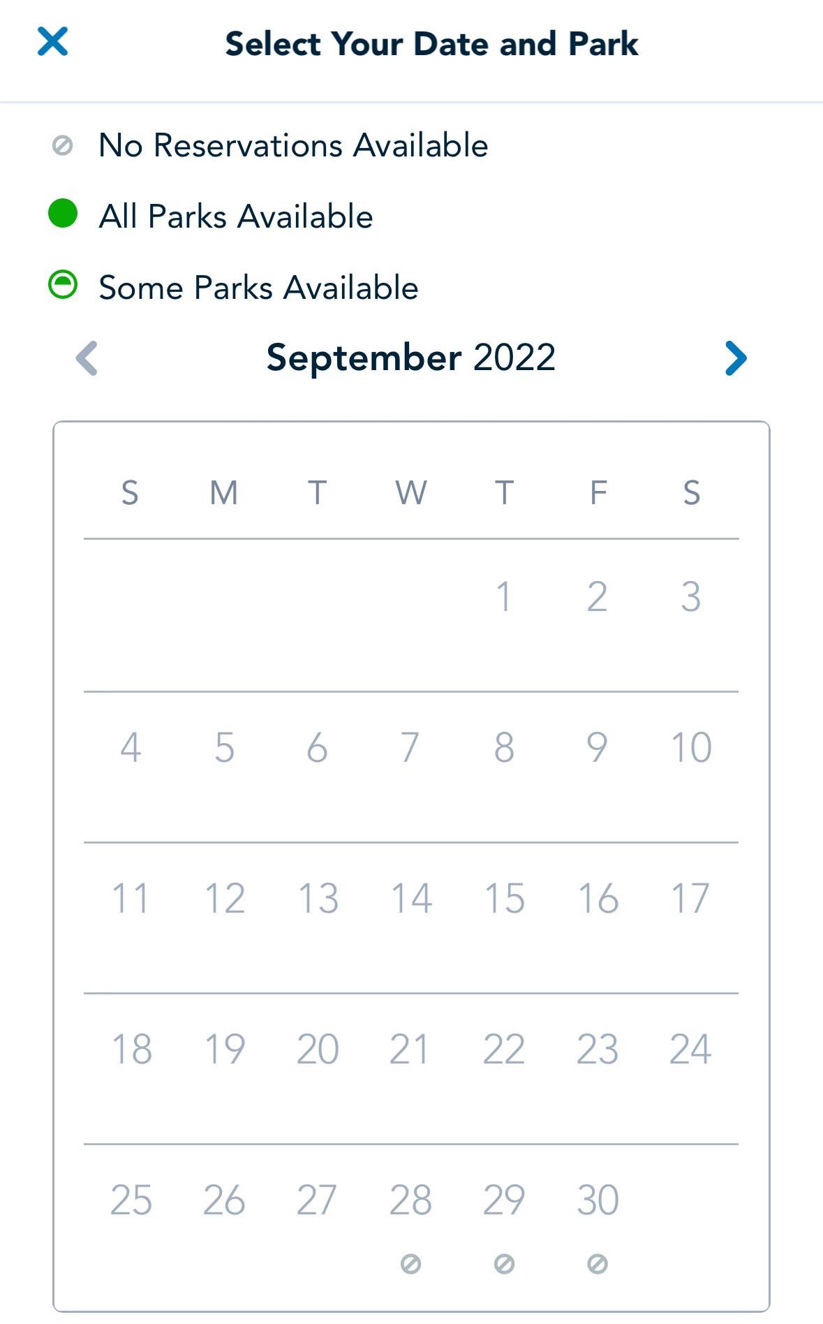 Disney Park Pass reservations are no longer available on Friday
