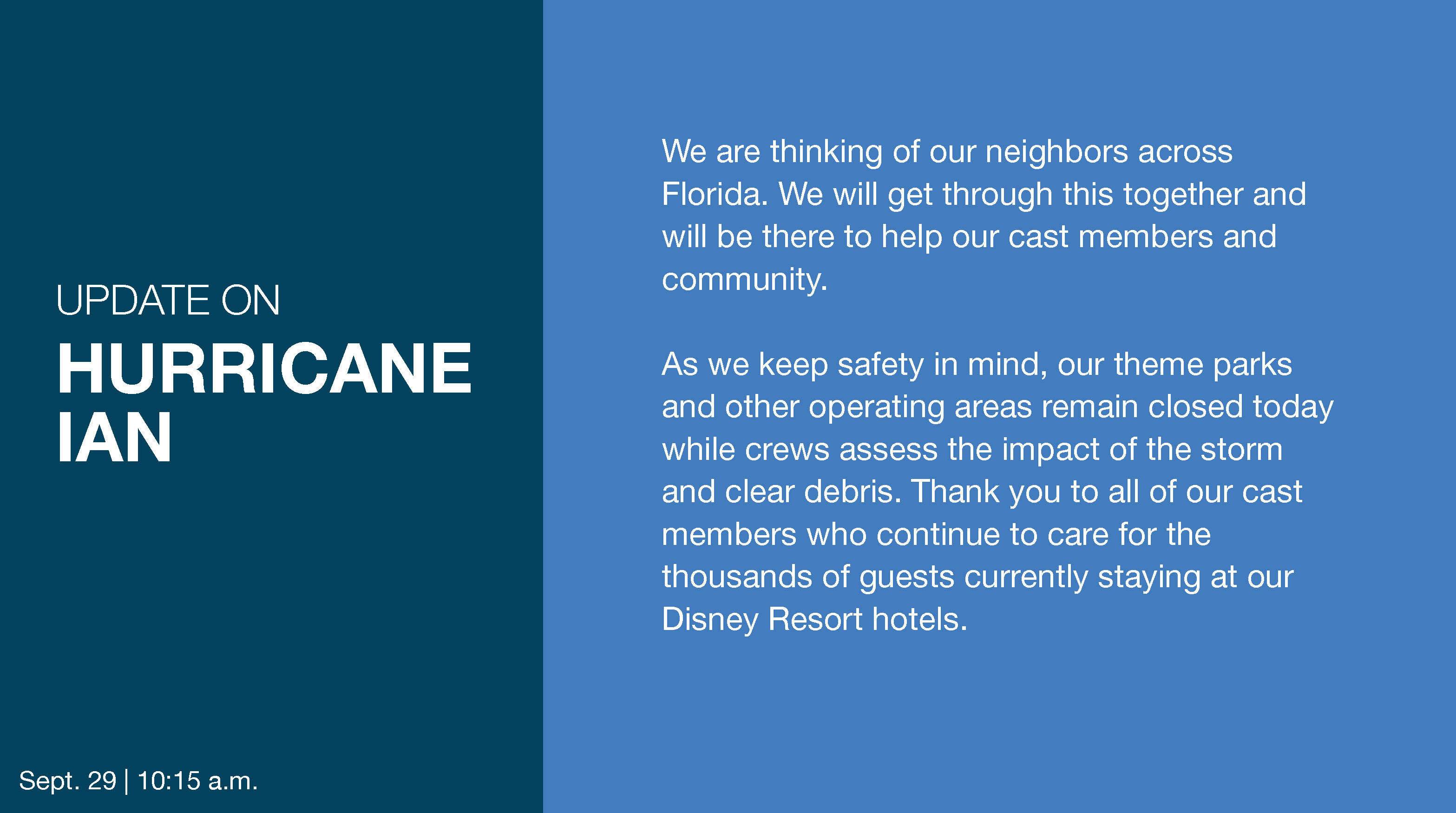 Disney releases statement with an update on Hurricane Ian