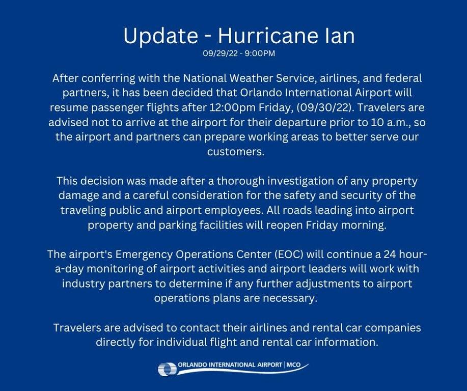 Orlando International Airport reopening statement - September 29 2022