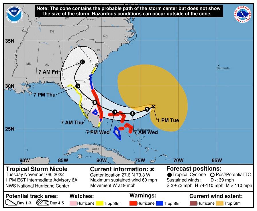Tropical Storm Nicole forecast track - November 8 2022 1pm