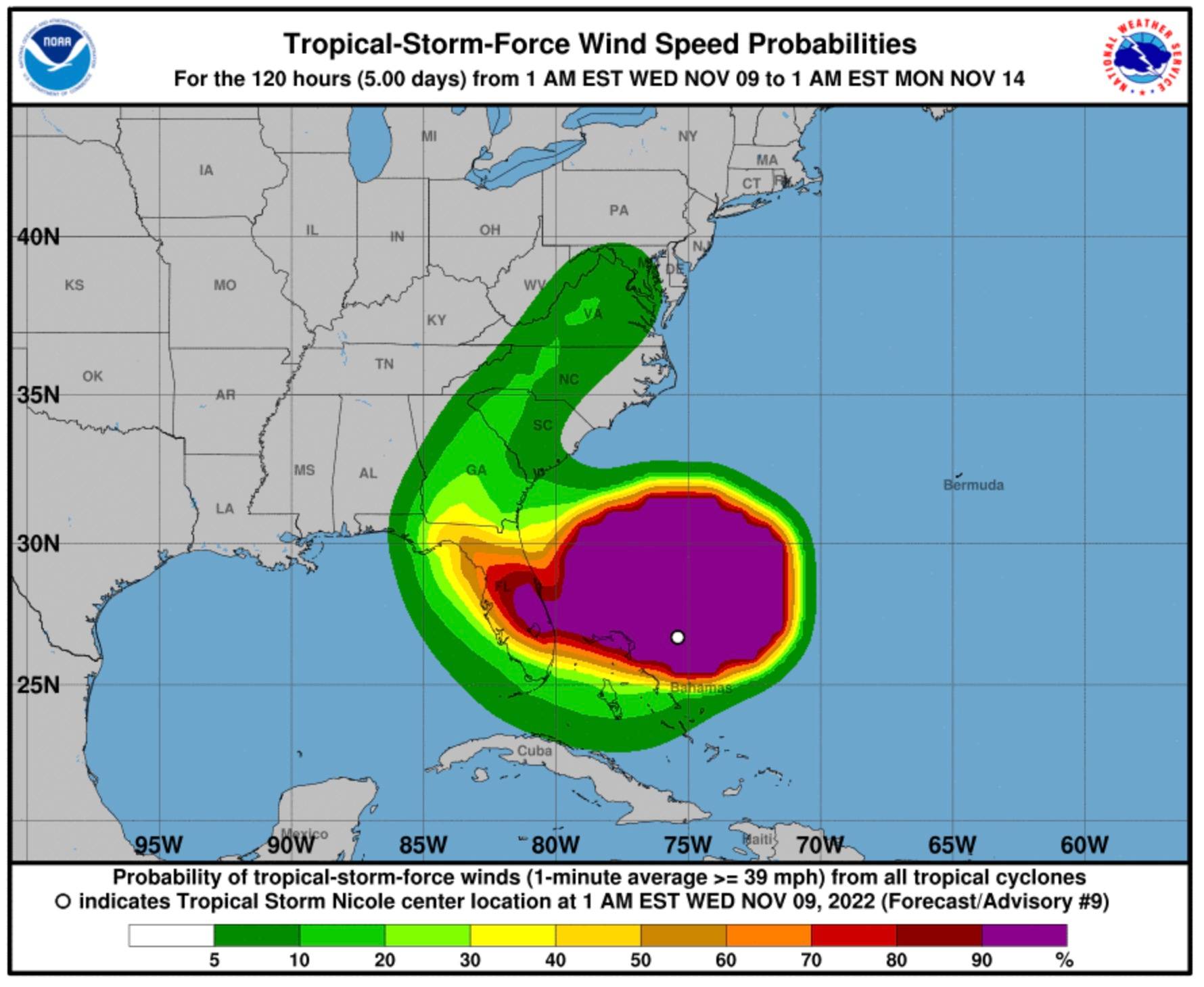 Tropical Storm Nicole wind speeds - November 9 2022 7am